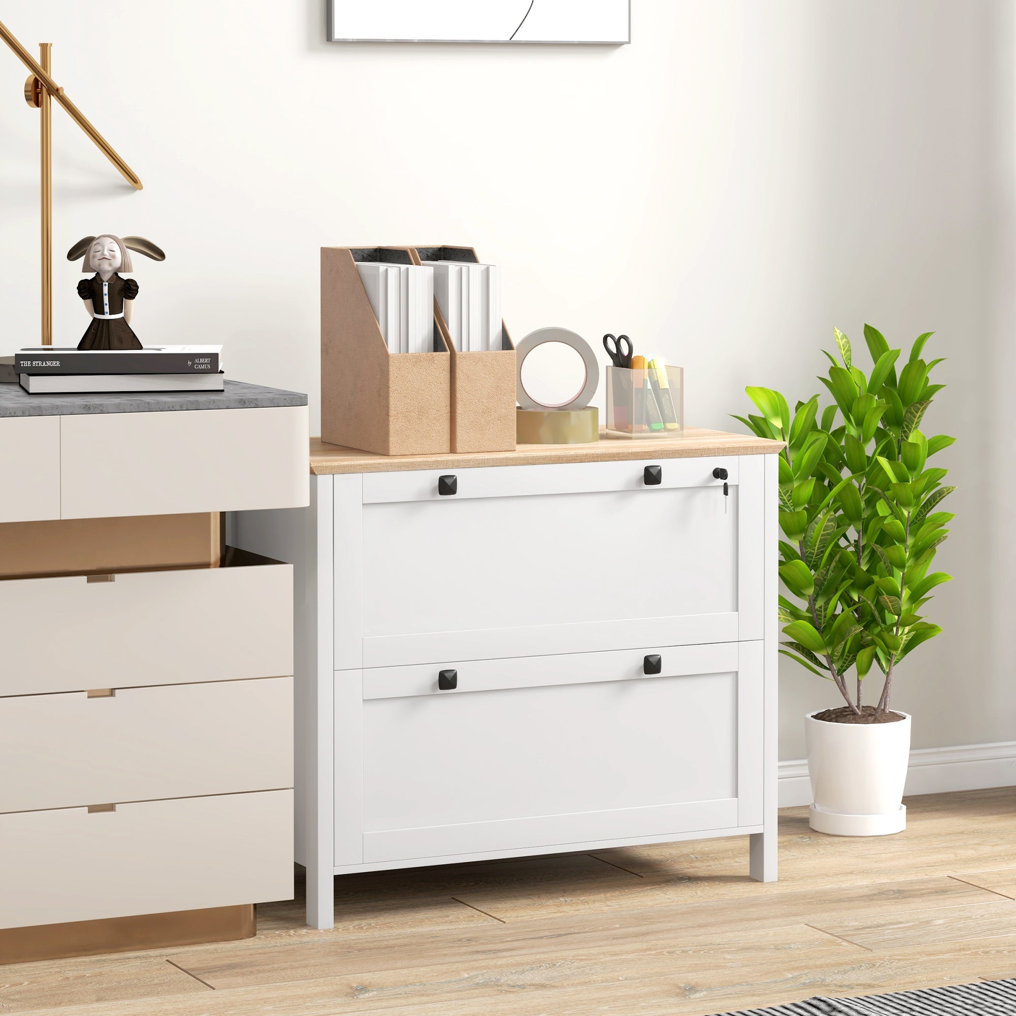 Lateral File Cabinet, 2 Drawer Filing Cabinet with Adjustable Hanging Bar for Letter, A4 and Legal Size, White