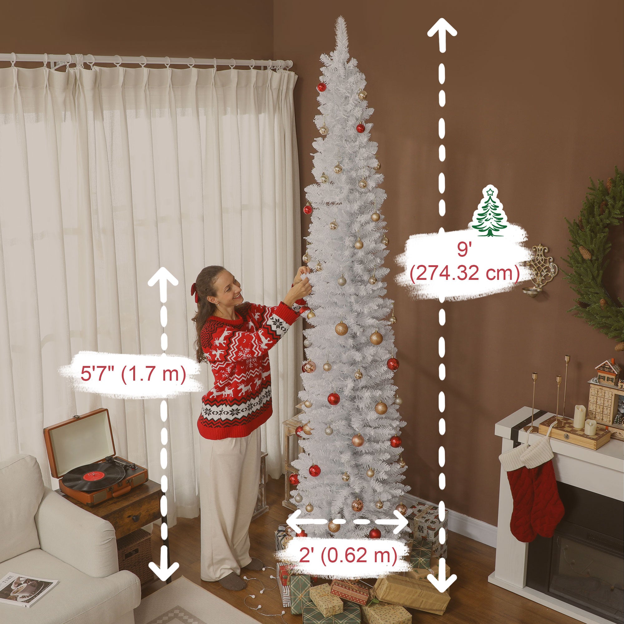 9ft Prelit Christmas Tree with Colourful DIY Synchronized LED Lights, Hinged Pencil Xmas Tree with Remote, 12 Modes, Daily Timer, Adjustable Brightness and Speed, White