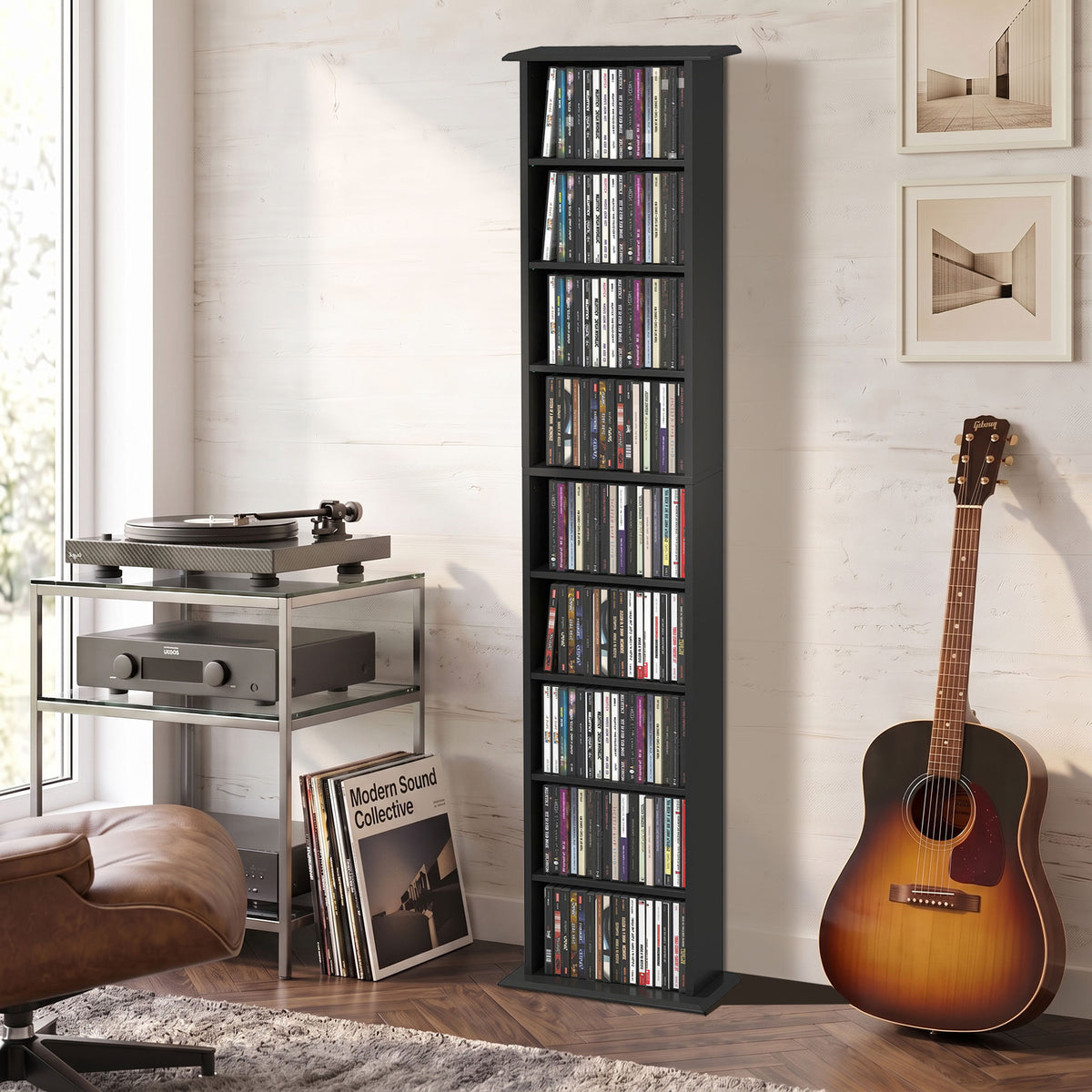 Slim Media Storage Cabinet, 9-Tier DVD Shelf with 7 Adjustable Shelves, 9 Compartments, Holds 252 CDs, 147 DVDs or 189 Blu-rays, Black