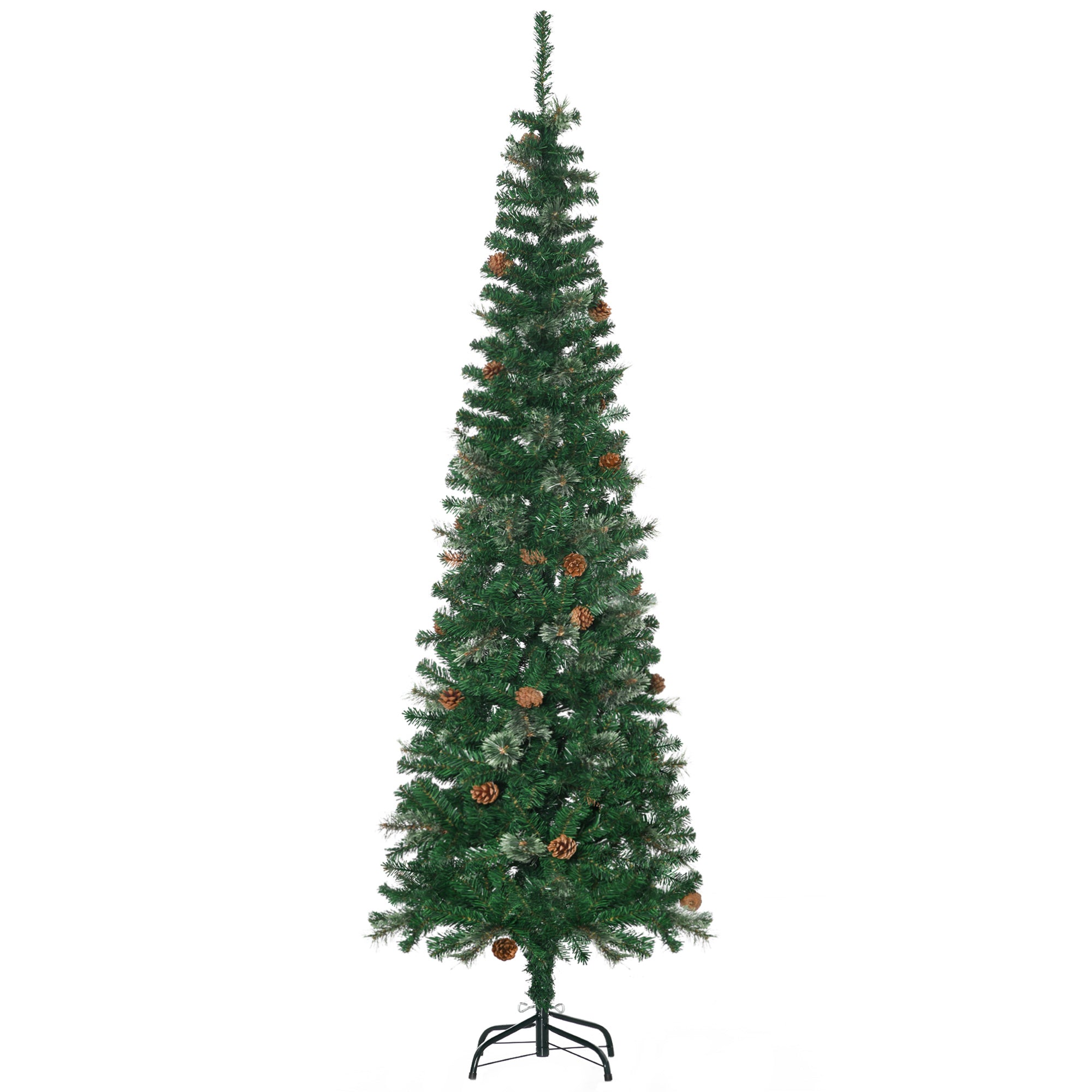 6.5 Foot Pencil Artificial Christmas Tree, Slim Pine Needles Xmas Tree with Realistic Branches, Pine Cones, Metal Base, Green