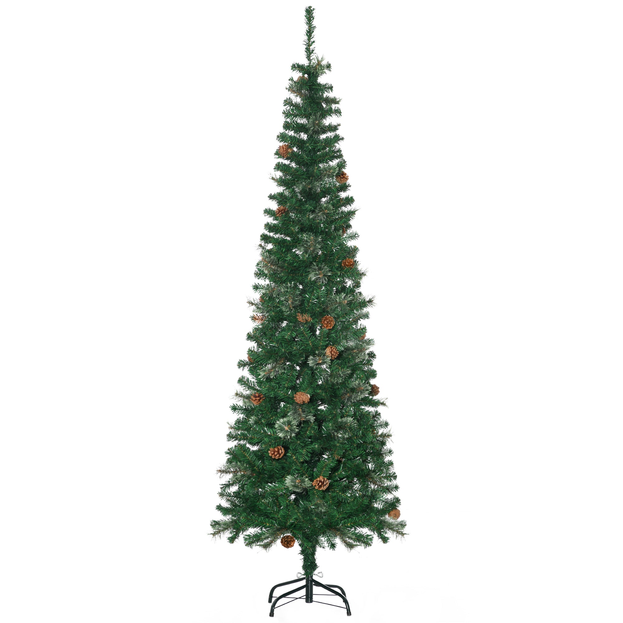 6.5 Foot Pencil Artificial Christmas Tree, Slim Pine Needles Xmas Tree with Realistic Branches, Pine Cones, Metal Base, Green