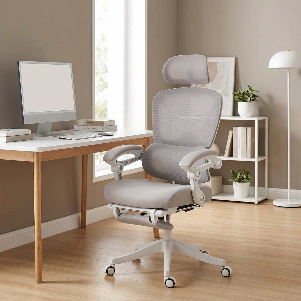 Ergonomic Office Chair, Mesh Computer Desk Chair with Adjustable Headrest and Height, Lumbar Support, High Back, Reclining Function, Footrest, Light Grey
