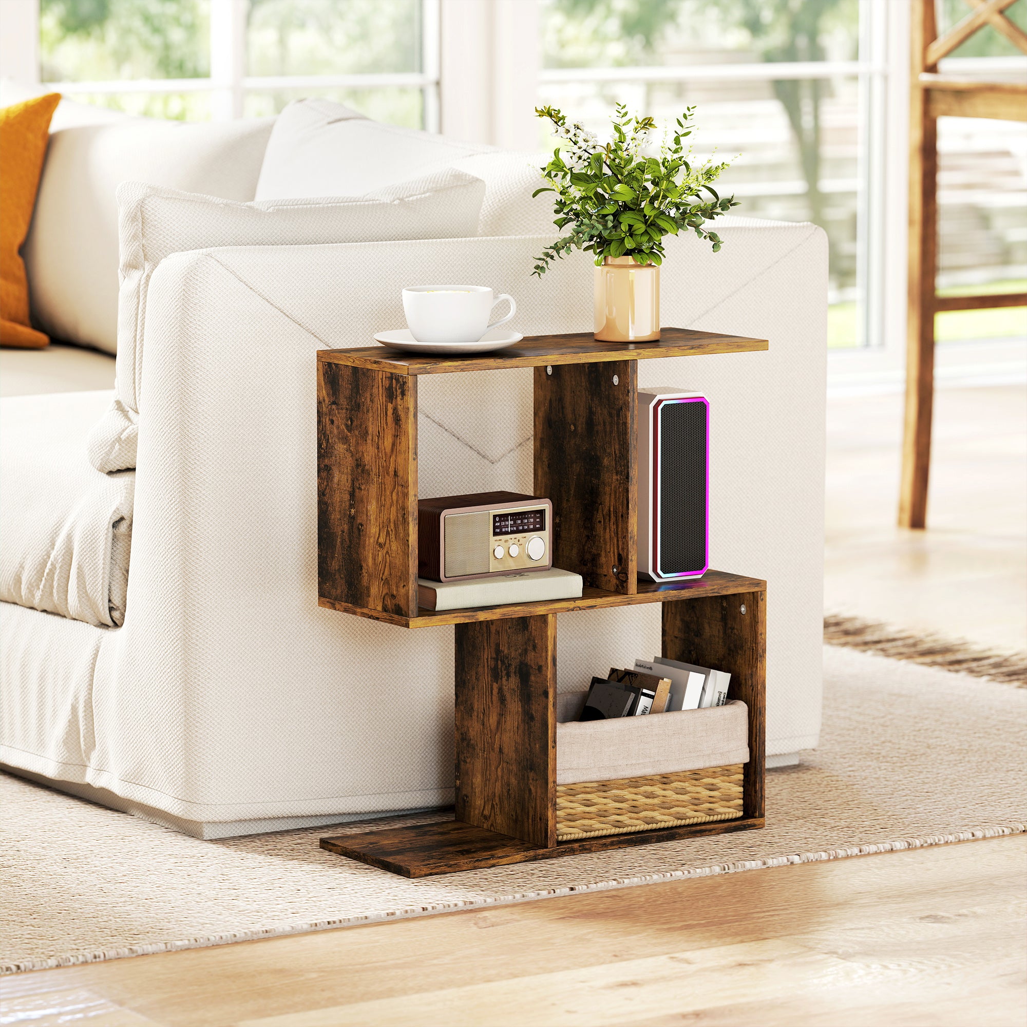 Wood-Grain Finish Side Table, S-Shaped Narrow End Table with 3-Tier Storage Shelves for Living Room, 19.7" W x 7.7" D x 22.8" H, Rustic Brown