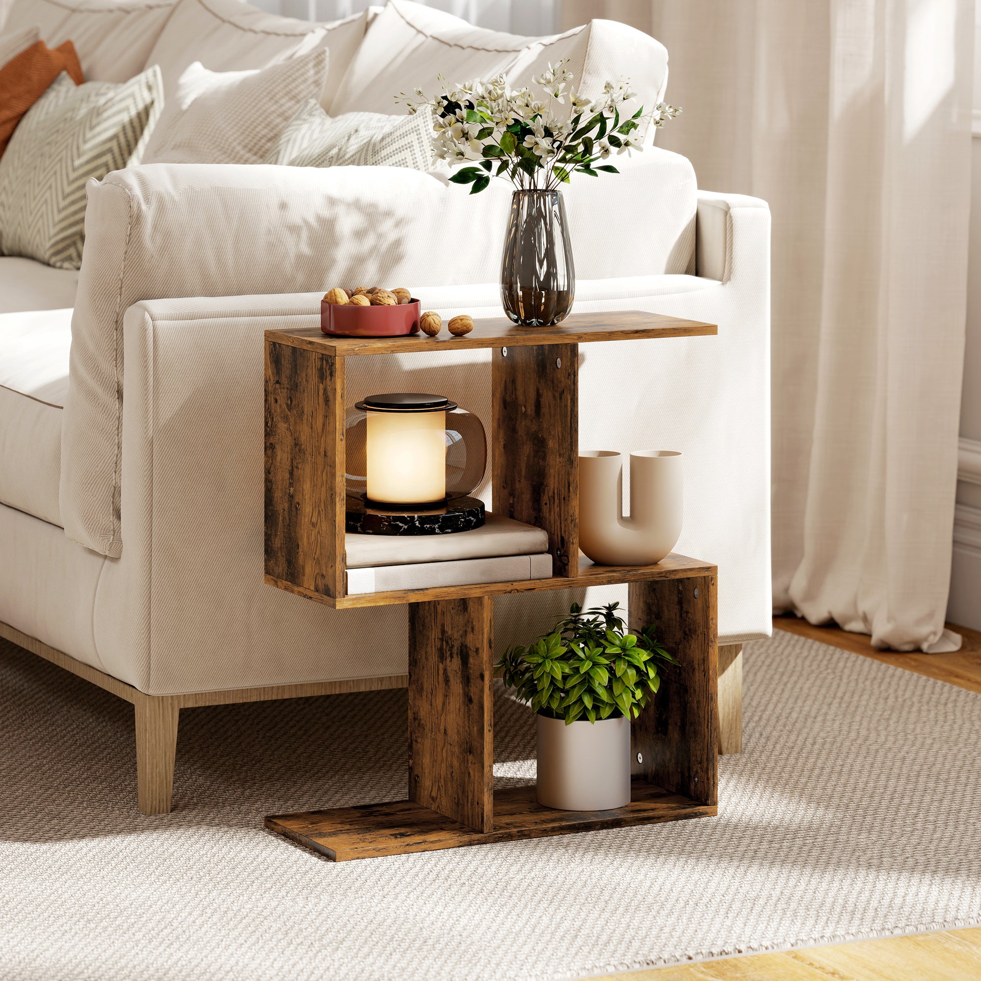 Wood-Grain Finish Side Table, S-Shaped Narrow End Table with 3-Tier Storage Shelves for Living Room, 19.7" W x 7.7" D x 22.8" H, Rustic Brown