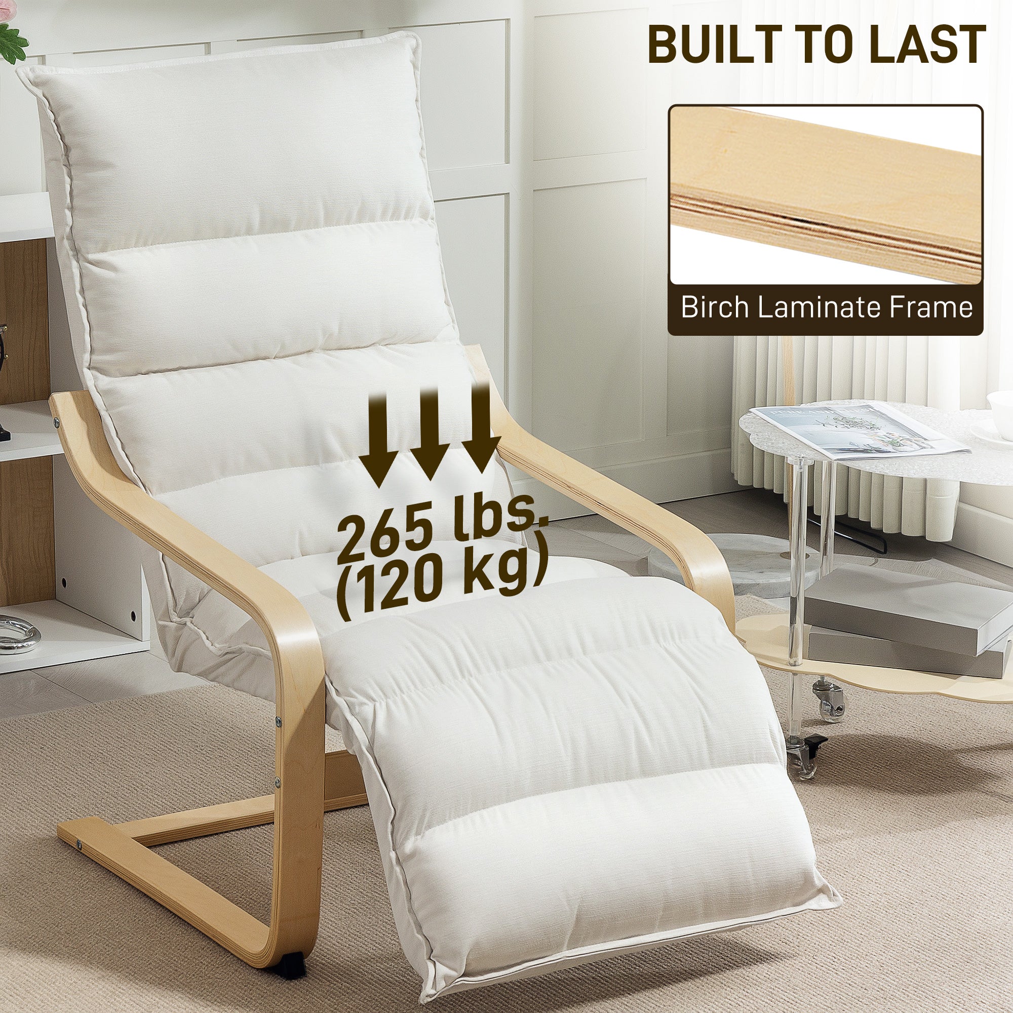 Modern Accent Chair, Velvet Upholstered Living Room Chair with Footrest, Wood Frame, Comfy Armchair for Bedroom, Balcony, Cream White