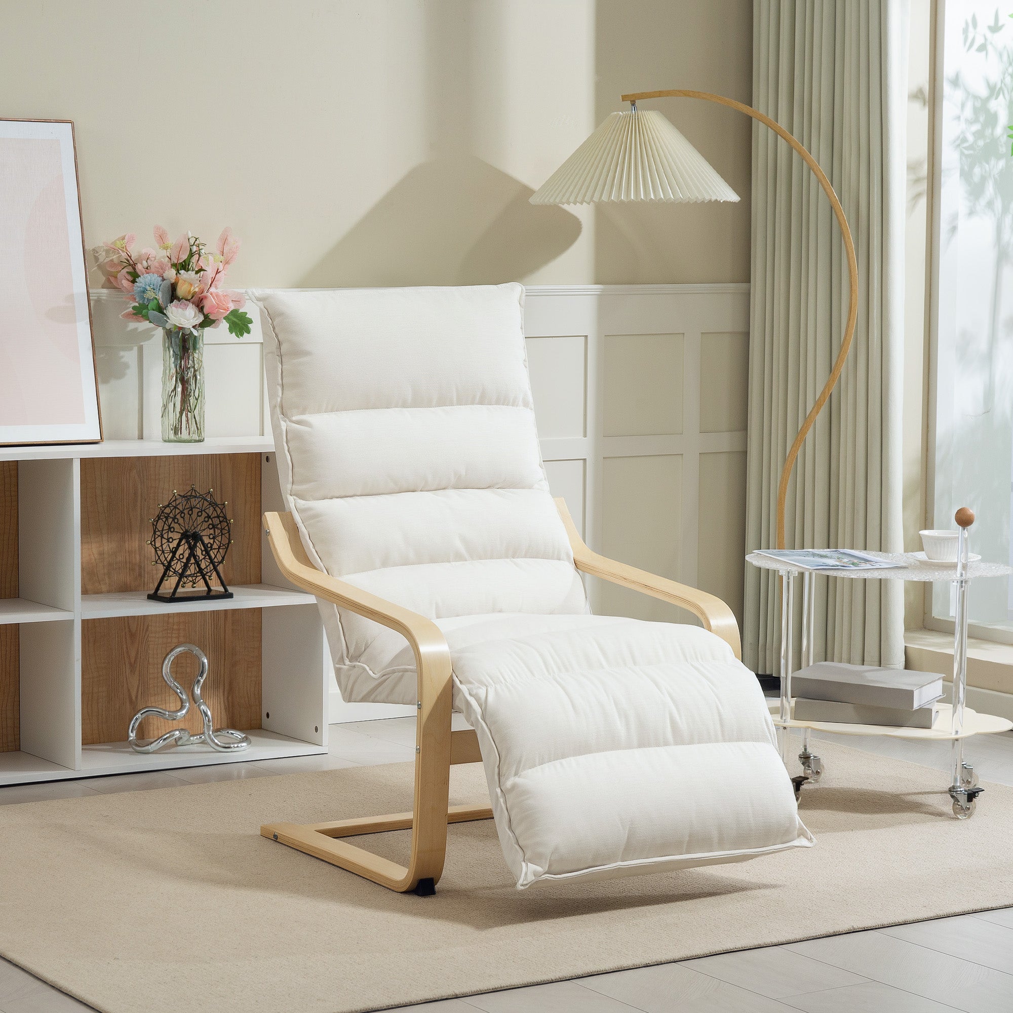 Modern Accent Chair, Velvet Upholstered Living Room Chair with Footrest, Wood Frame, Comfy Armchair for Bedroom, Balcony, Cream White