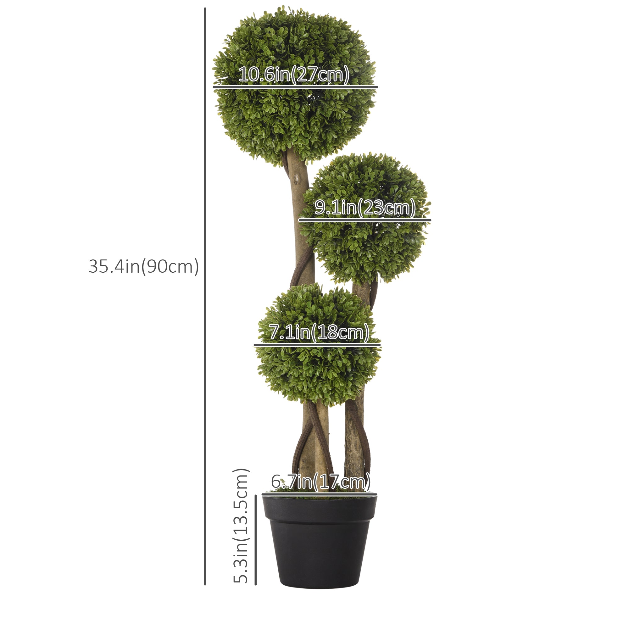 HOMCOM 3FT Artificial Boxwood Topiary Tree, Potted Fake Plant, Triple Ball Tree for Indoor and Outdoor, Green