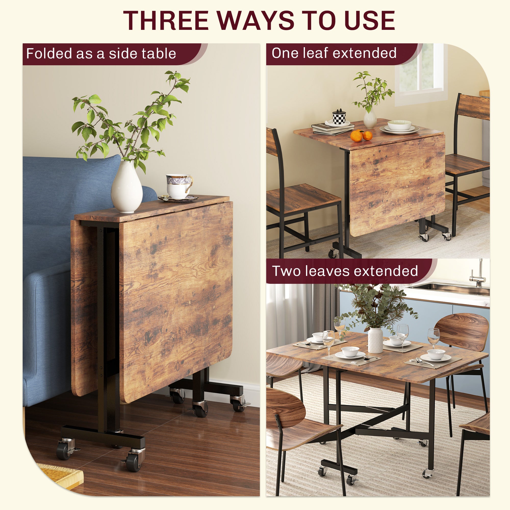 Mobile Drop Leaf Table, Folding Dining Table with 6 Wheels & Brakes, Kitchen Table for Small Spaces, Rustic Brown