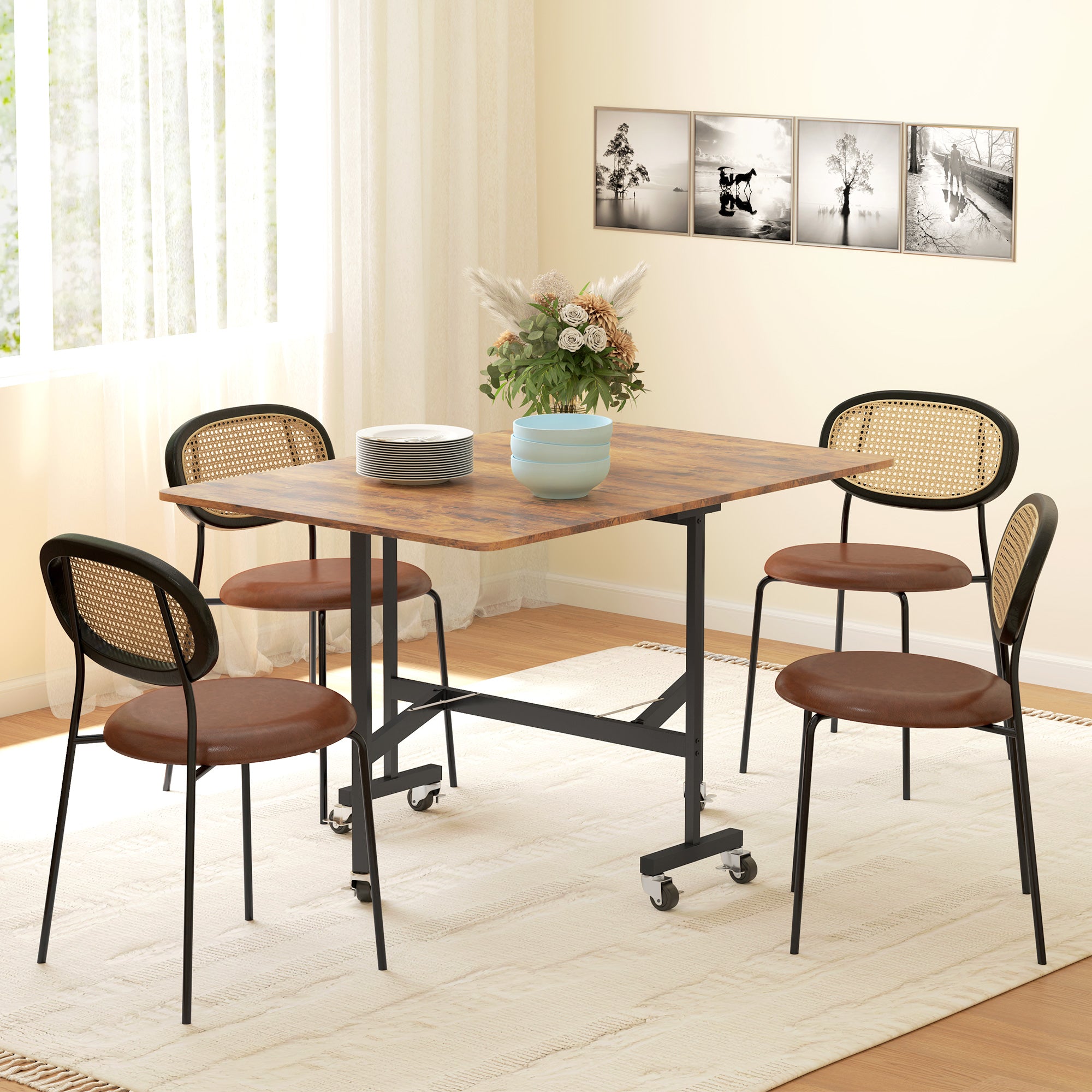 Mobile Drop Leaf Table, Folding Dining Table with 6 Wheels & Brakes, Kitchen Table for Small Spaces, Rustic Brown