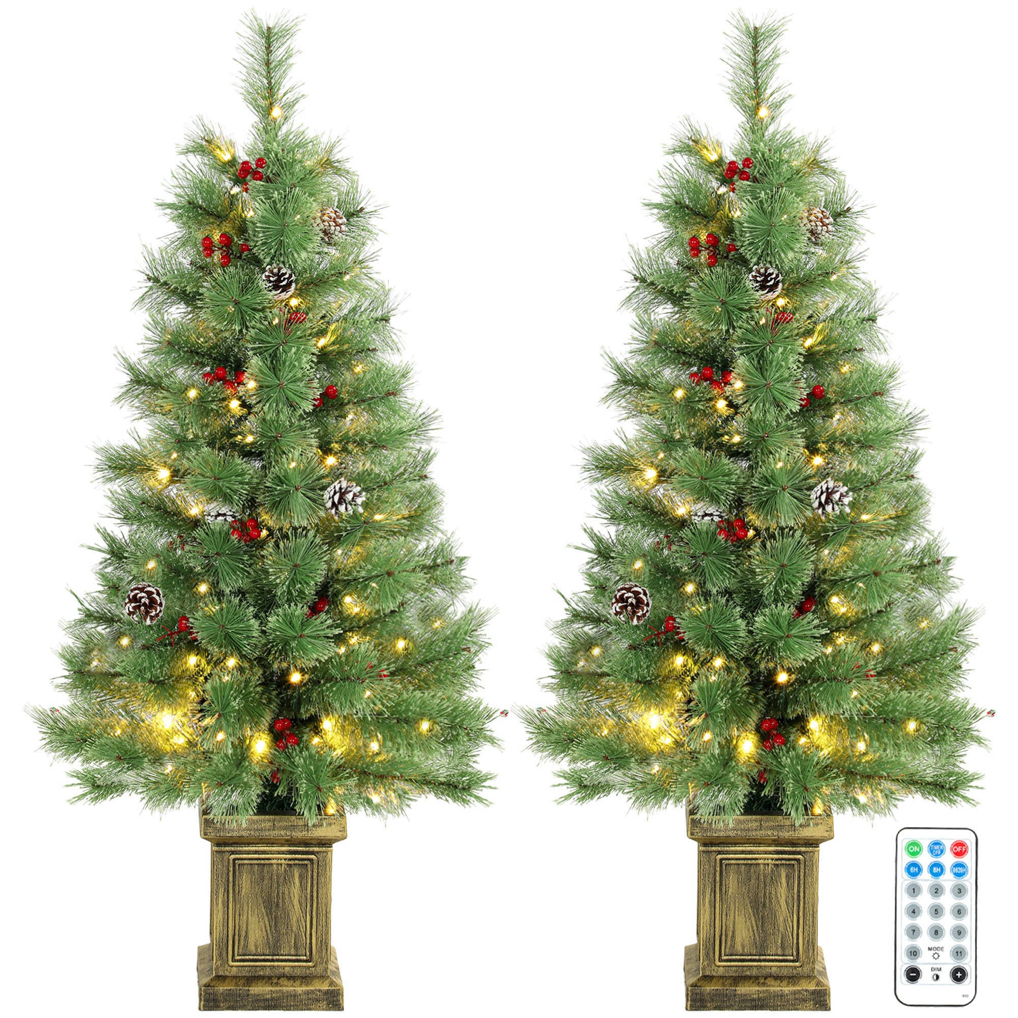 4ft Pre-Lit Artificial Christmas Tree Set of 2 w/ Vintage Potted Base, Dual Colors, Remote, Xmas Pine Trees, 100 LED Lights, Red Berries, Pinecones, Holiday Decor for Home, Entrances, Green
