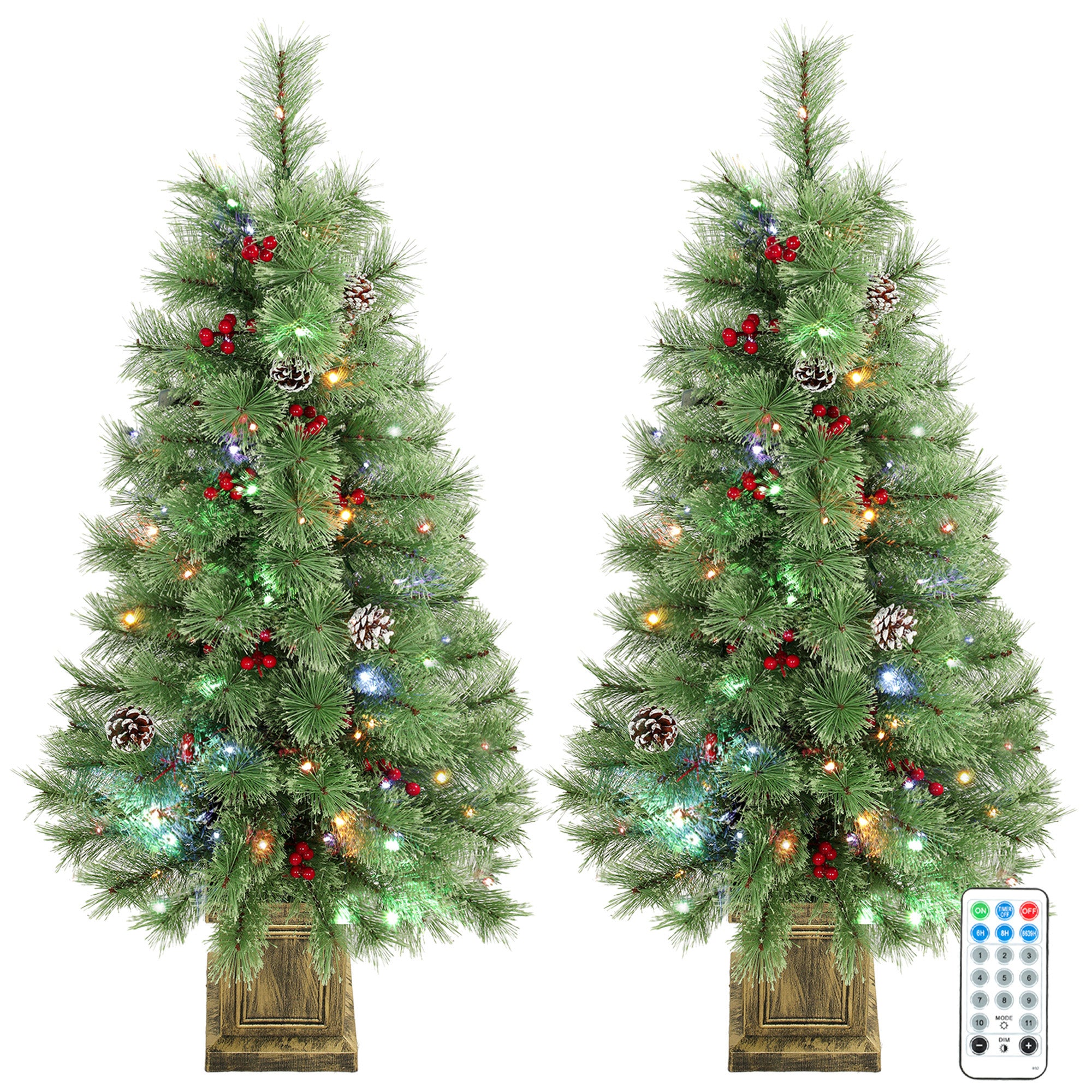 4ft Pre-Lit Artificial Christmas Tree Set of 2 w/ Vintage Potted Base, Dual Colors, Remote, Xmas Pine Trees, 100 LED Lights, Red Berries, Pinecones, Holiday Decor for Home, Entrances, Green
