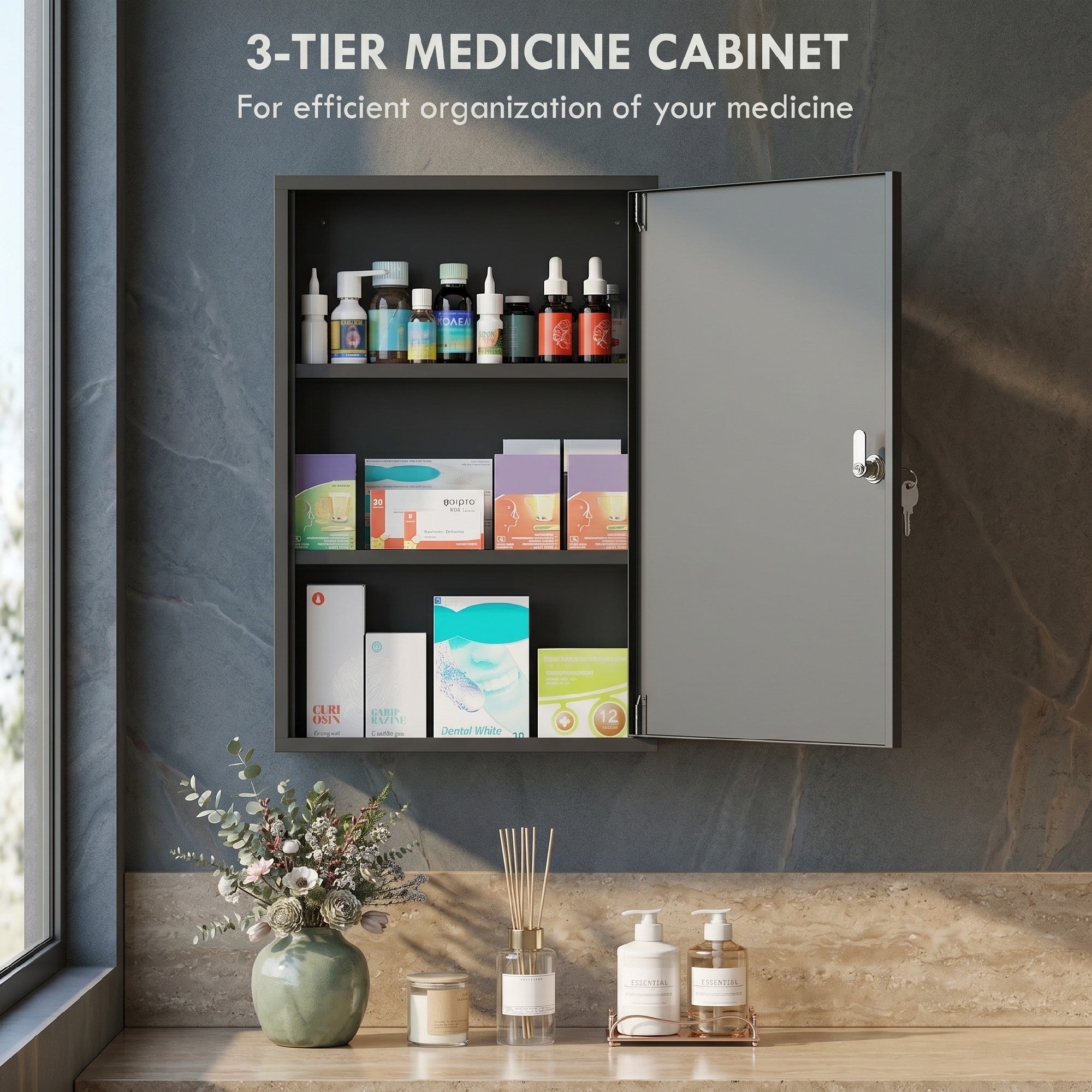 Steel Wall Mount Medicine Cabinet 3 Tier Emergency Box for Bathroom Kitchen, Lockable with 2 Keys, Black
