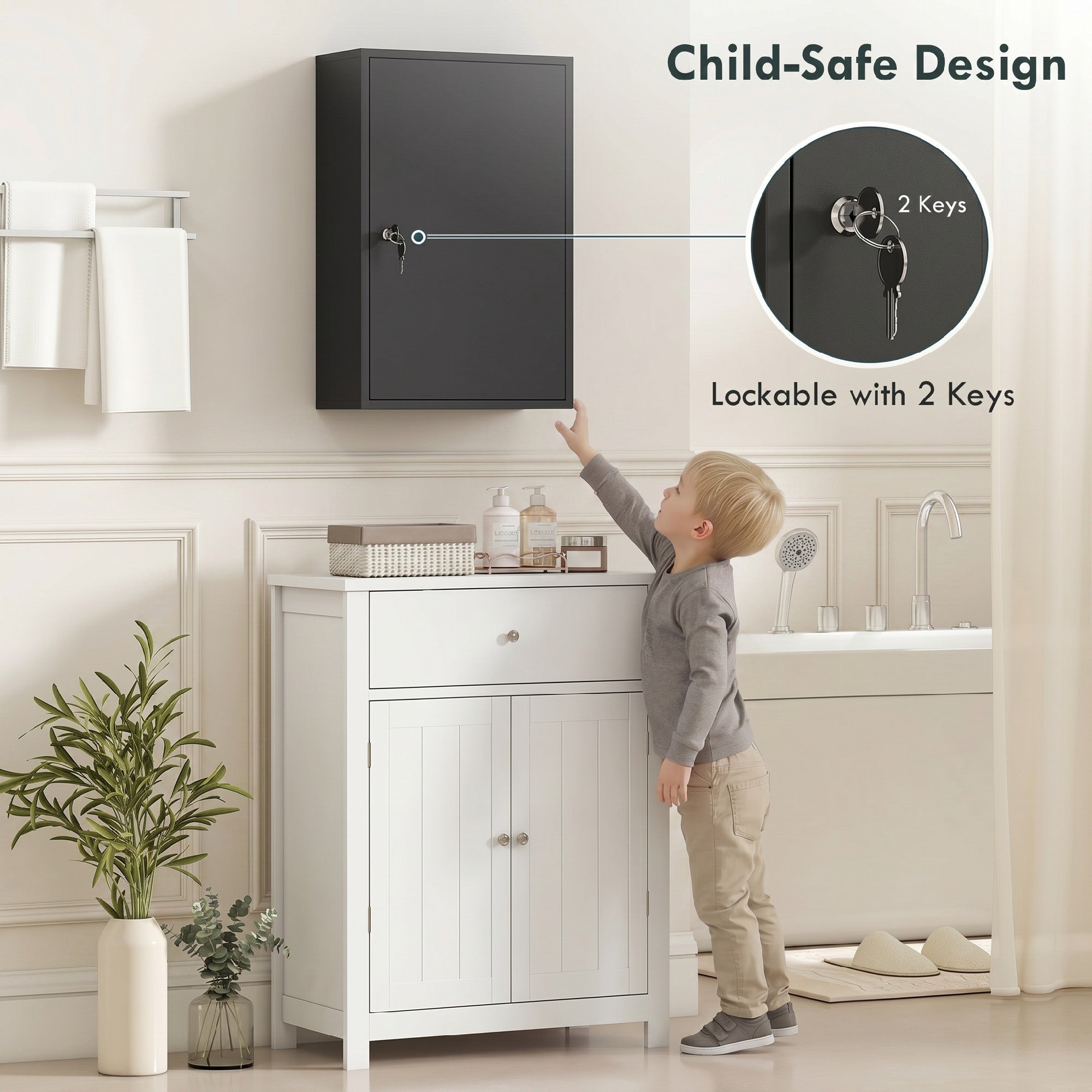 Steel Wall Mount Medicine Cabinet 3 Tier Emergency Box for Bathroom Kitchen, Lockable with 2 Keys, Black