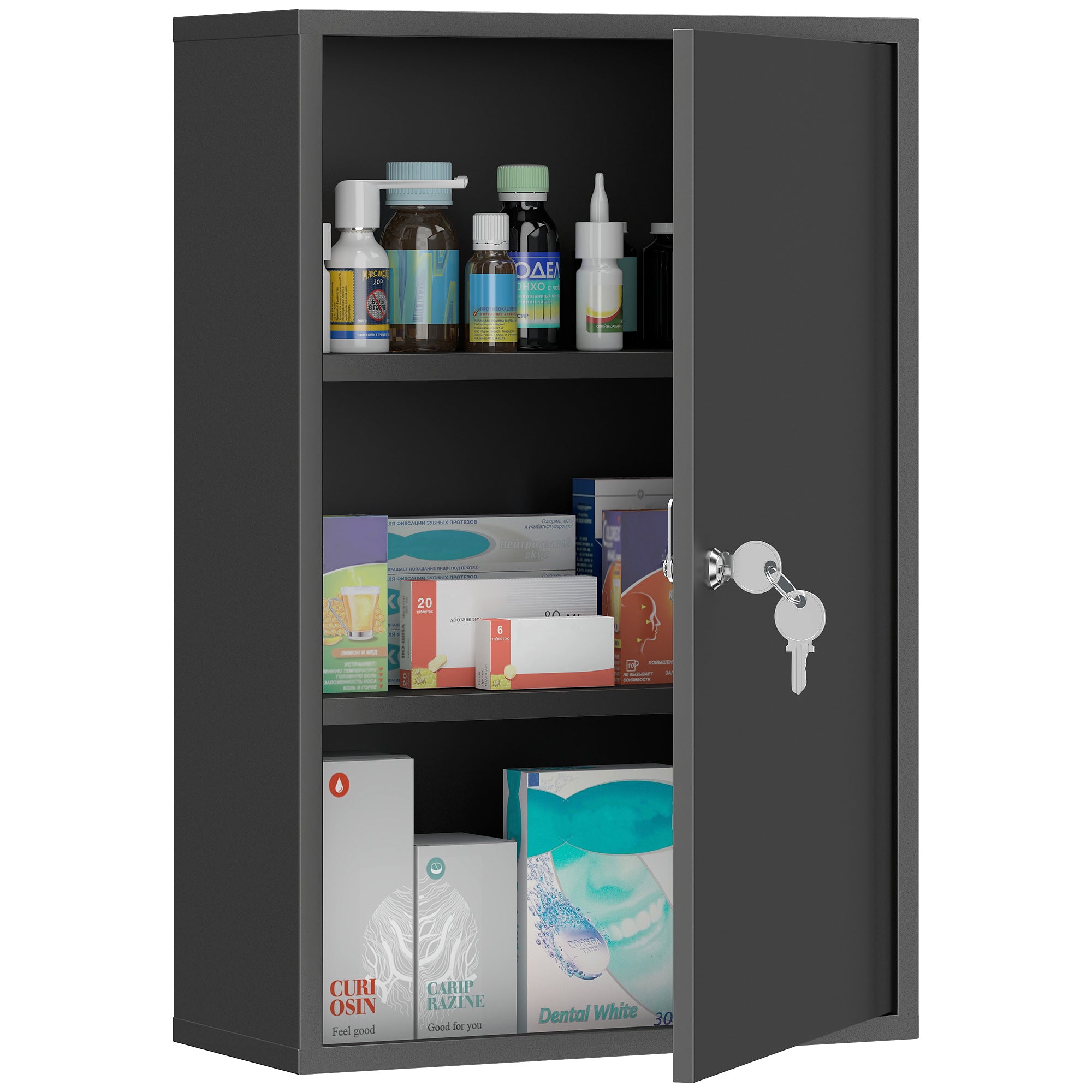 Steel Wall Mount Medicine Cabinet 3 Tier Emergency Box for Bathroom Kitchen, Lockable with 2 Keys, Black