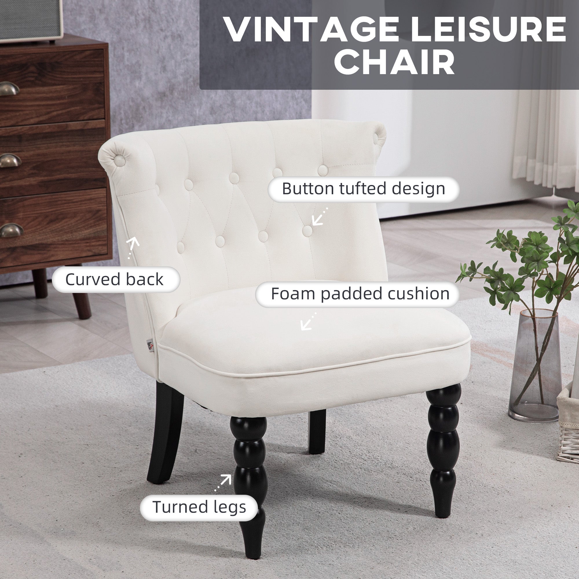 HOMCOM Vintage Leisure Accent Chair with Button Tufted Straight Back, Turned Legs, Thick Sponge Padding for Living Room, Dining Room, Study, Cream White