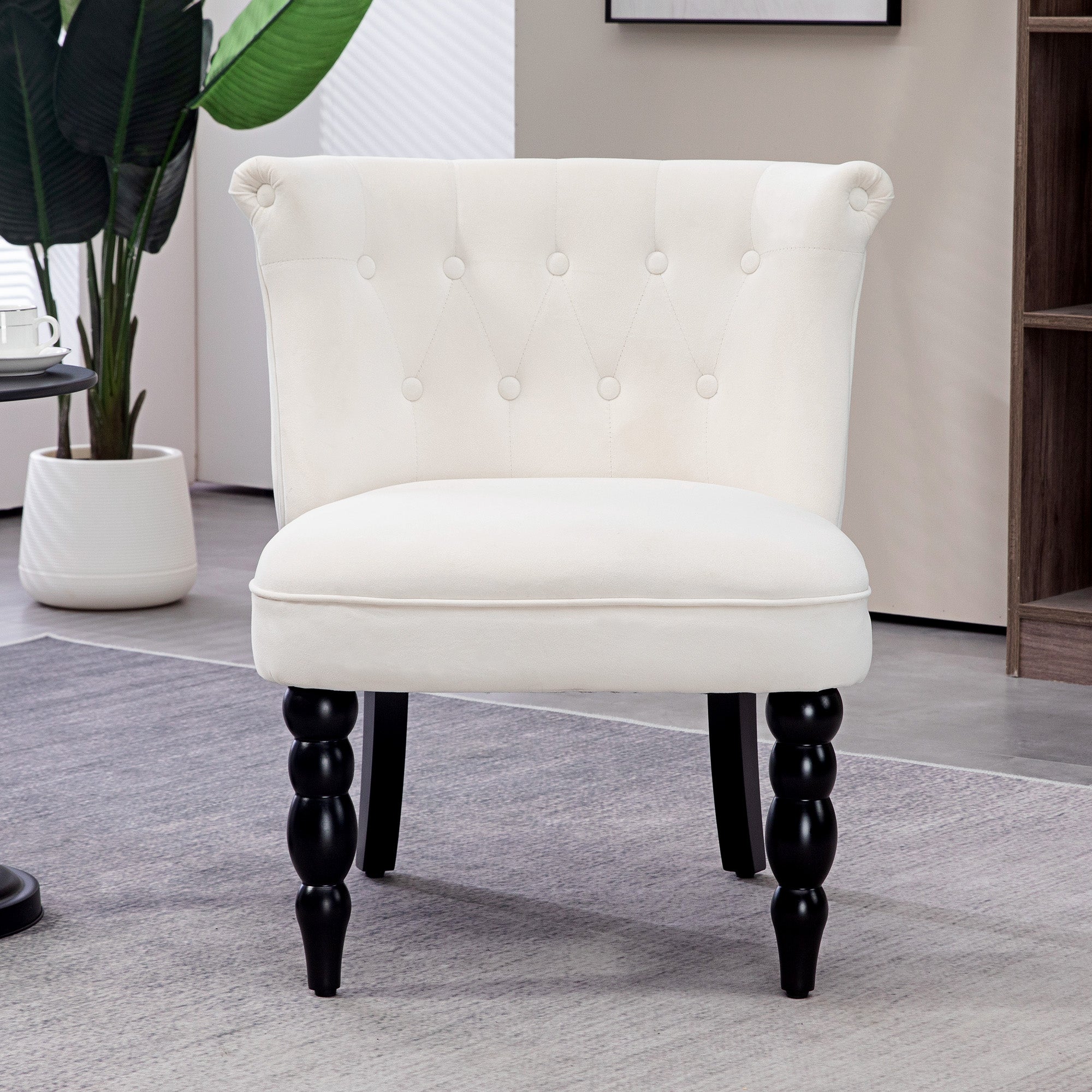 HOMCOM Vintage Leisure Accent Chair with Button Tufted Straight Back, Turned Legs, Thick Sponge Padding for Living Room, Dining Room, Study, Cream White