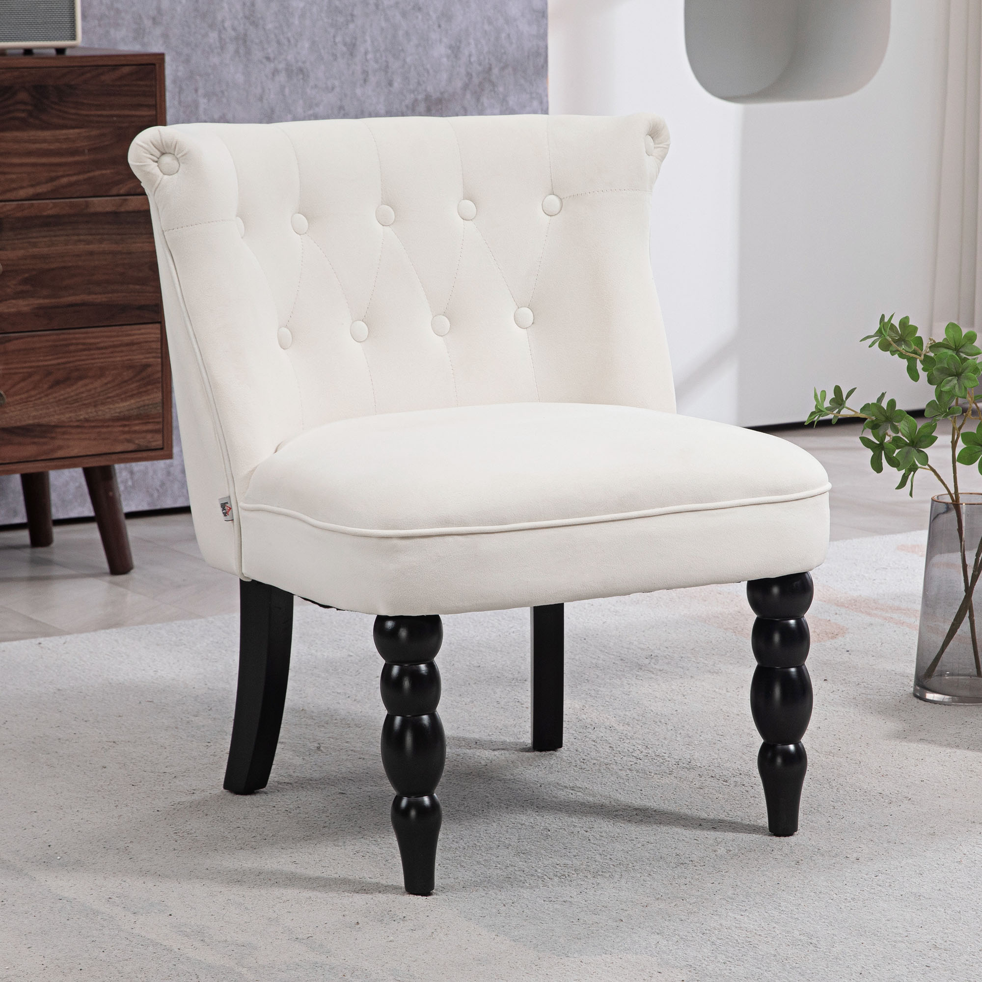 HOMCOM Vintage Leisure Accent Chair with Button Tufted Straight Back, Turned Legs, Thick Sponge Padding for Living Room, Dining Room, Study, Cream White