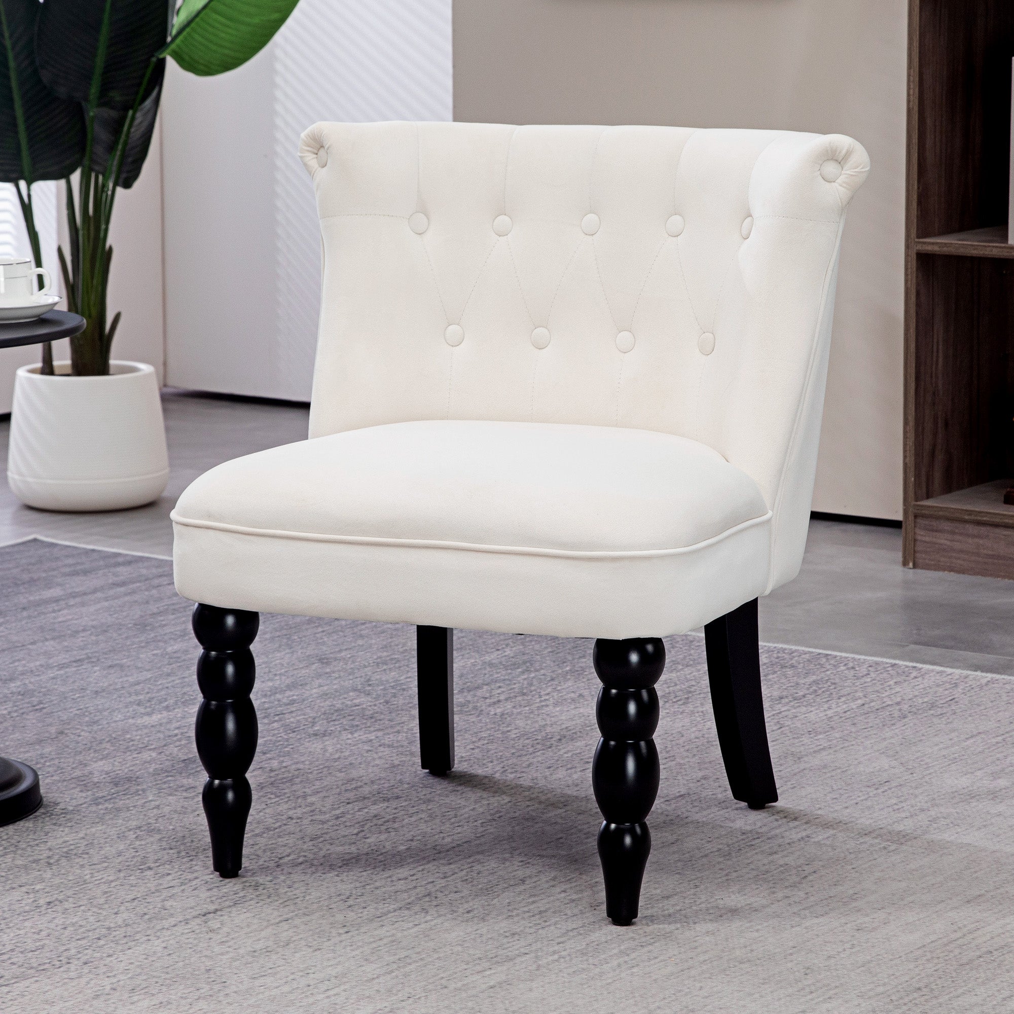 HOMCOM Vintage Leisure Accent Chair with Button Tufted Straight Back, Turned Legs, Thick Sponge Padding for Living Room, Dining Room, Study, Cream White