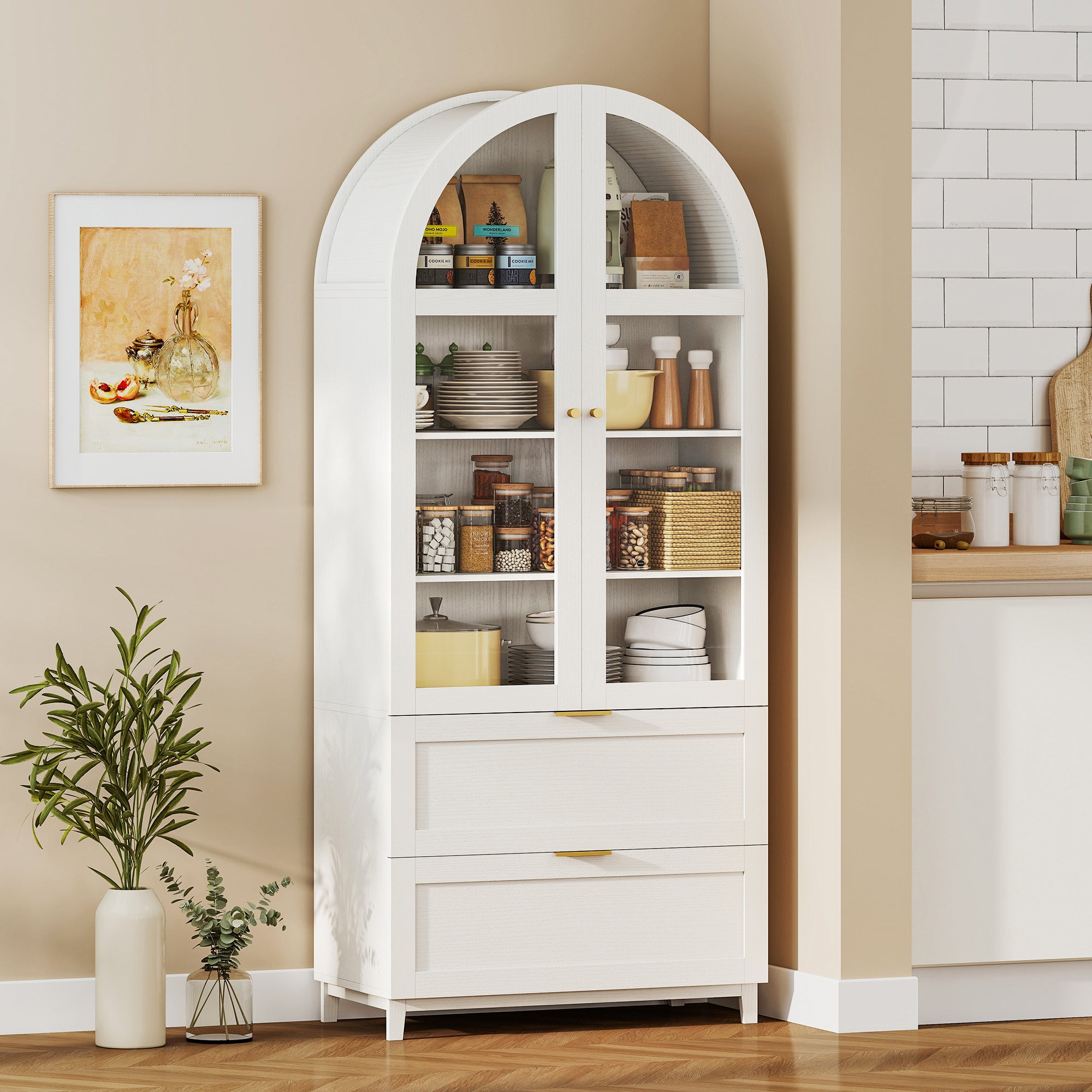 71" Tall Arched Kitchen Pantry Cabinet, Farmhouse Freestanding Kitchen Storage Cabinet with Adjustable Shelves, 2 Drawers, Acrylic Doors for Living Room, Dining Room, White