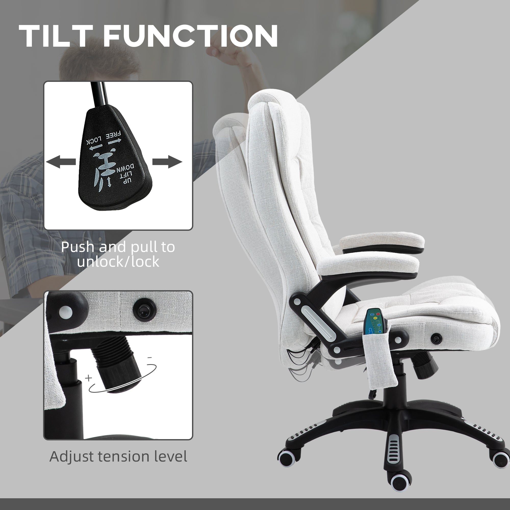 Vinsetto Office Chair, Ergonomic Desk Chair with 6-Point Massage and Back Heated, Linen-Feel Fabric Computer Gaming Chair with Arms, Lumbar Support, Cream White