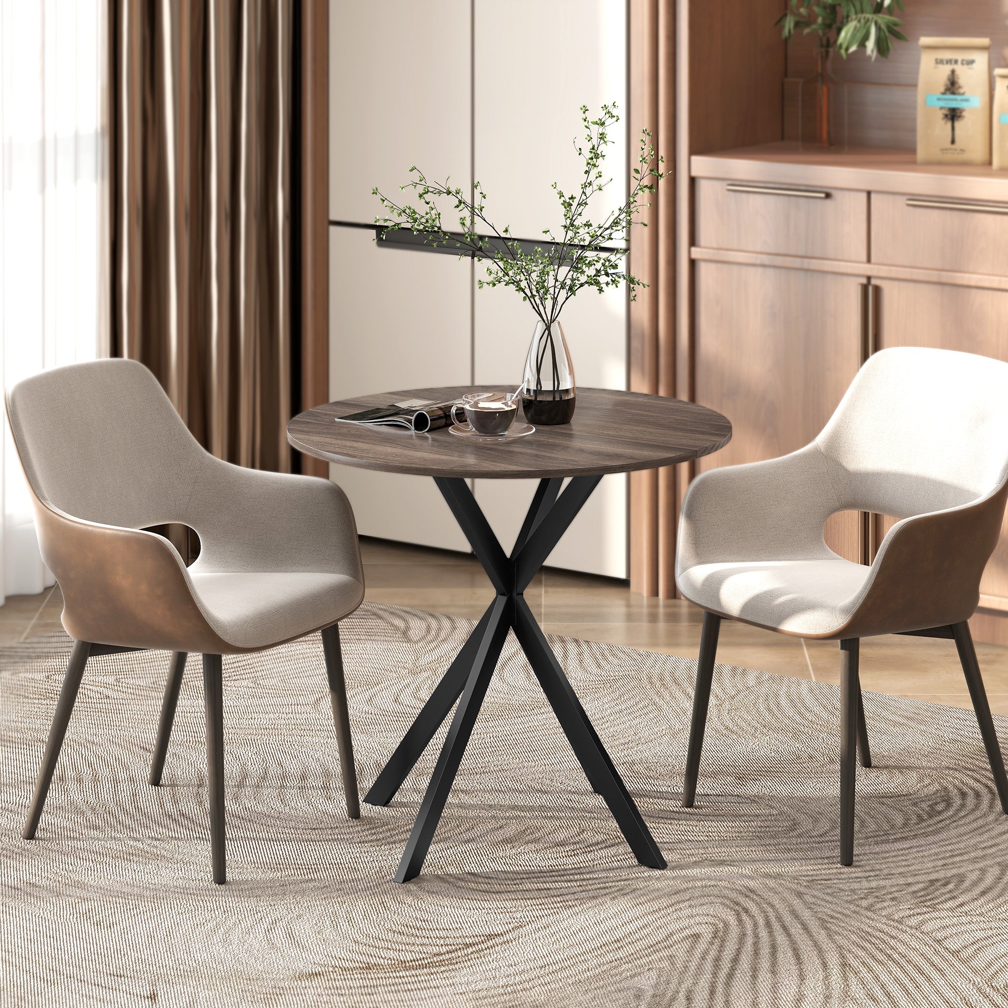 80cm Round Dining Table, Industrial Kitchen Table with Cross Steel Legs for Dining Room, Kitchen, Living Room, Brown