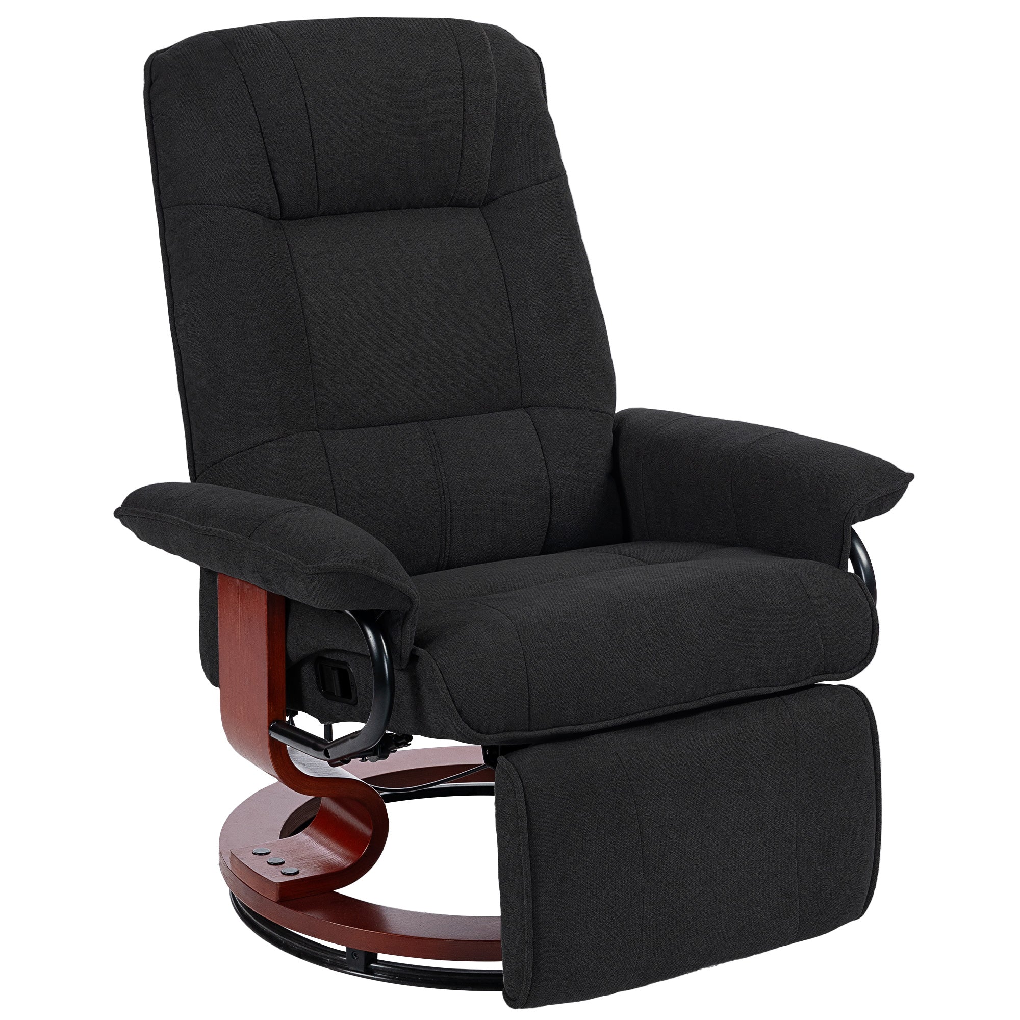 360° Swivel Recliner Chair with Footstool, Manual Recliner Armchair with Wooden Base, Linen-Like Upholstered Reclining Chair for Living Room, Bedroom, Office, Black