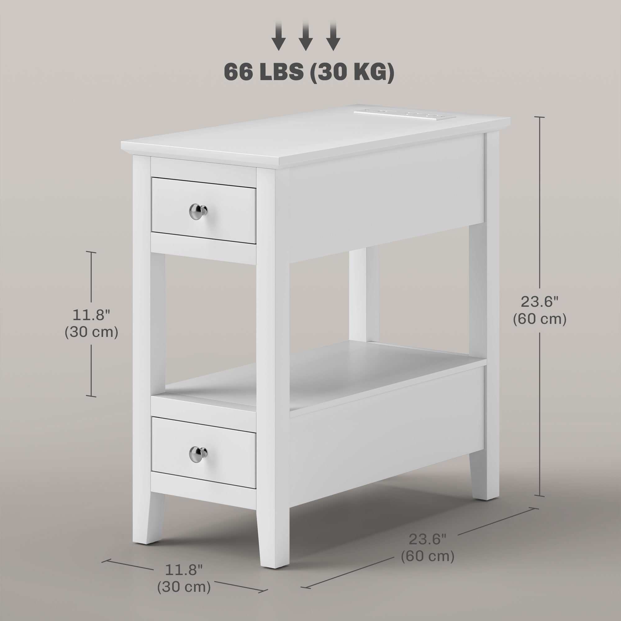 HOMCOM End Table with Charging Station and USB Ports, Modern Narrow Side Table with Storage Shelf, 2 Drawers for Living Room, White