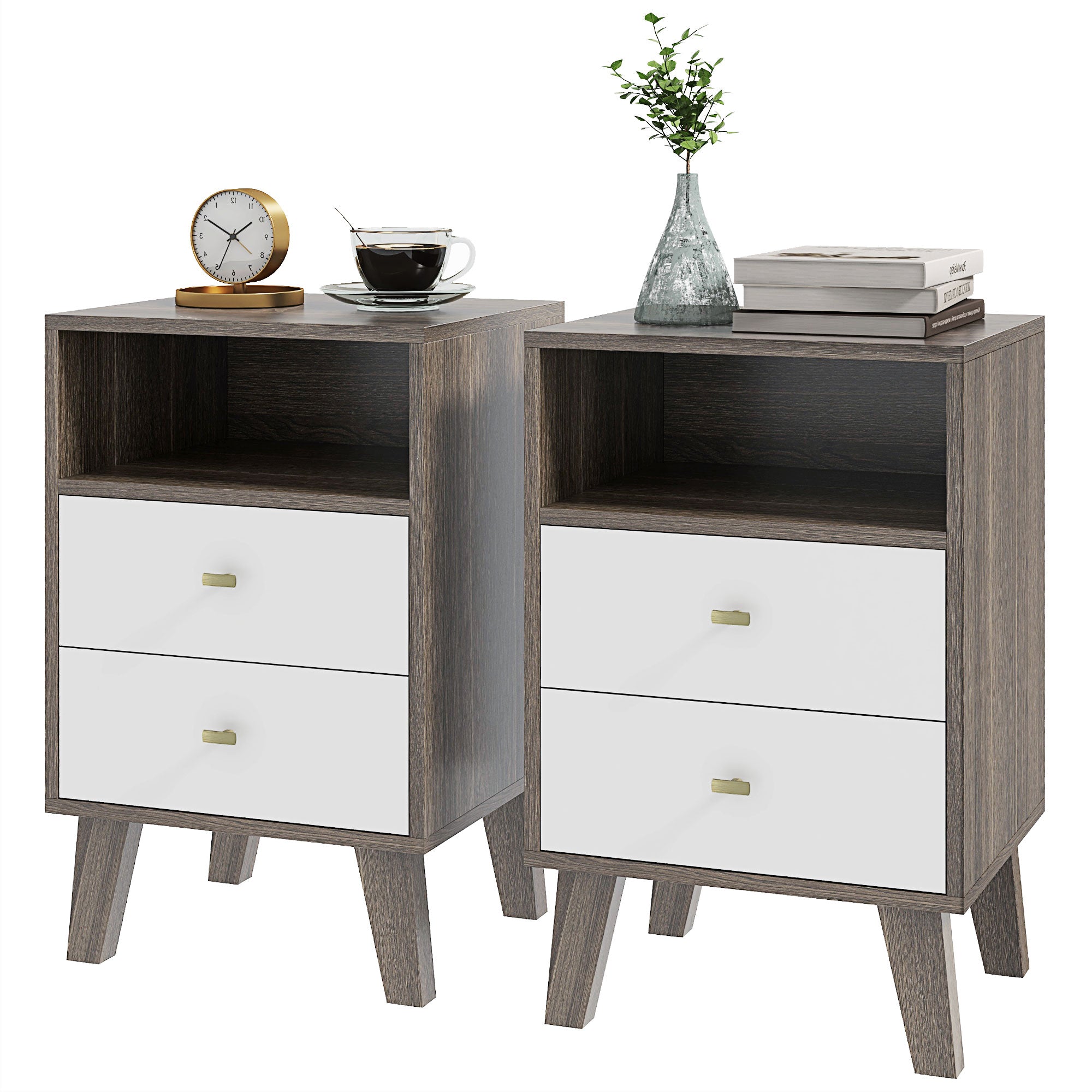 HOMCOM Bedside Tables Set of 2, Modern Nightstand with 2 Drawers and Open Cubby, Sofa Side End Table for Bedroom, 40 x 34 x 64cm, Grey