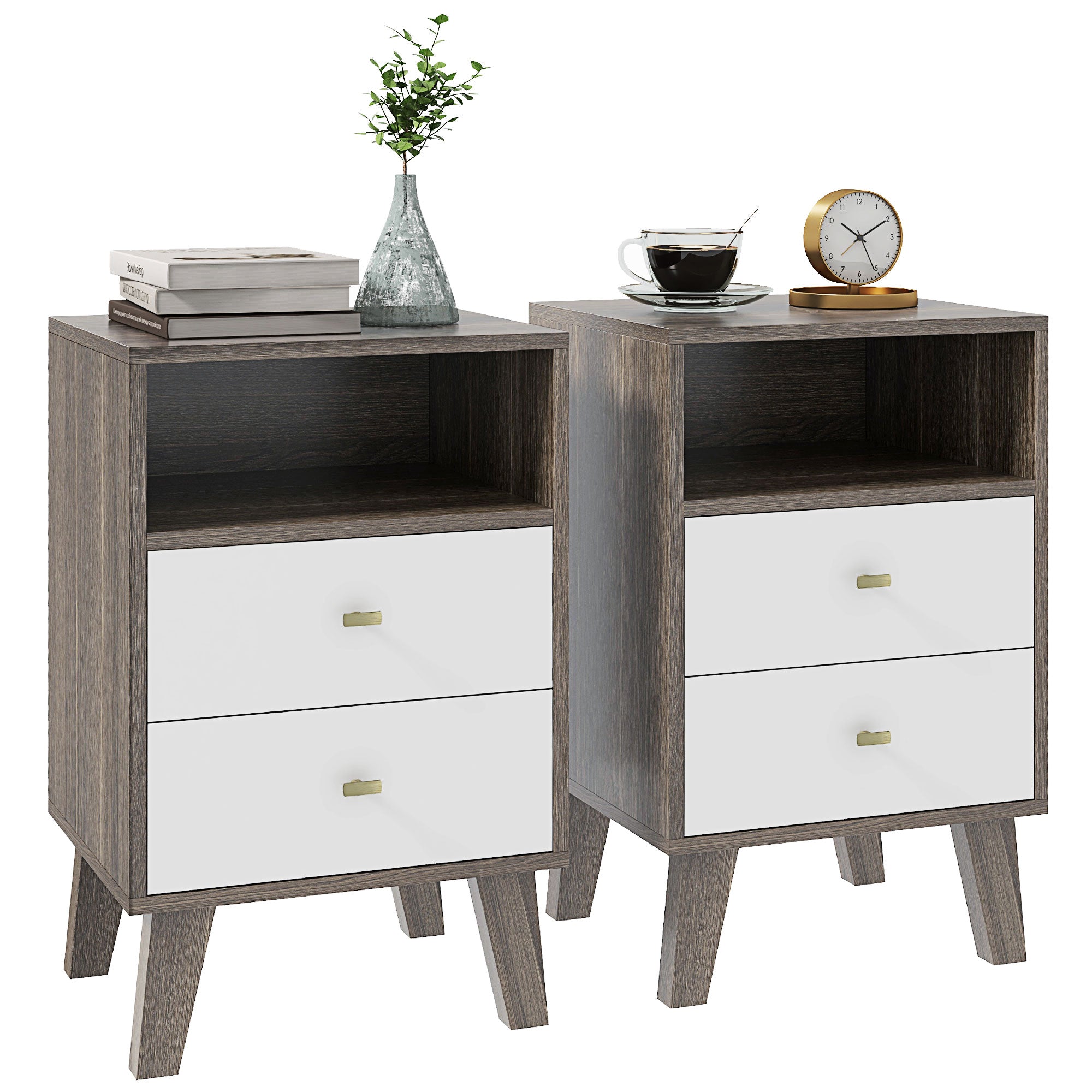 HOMCOM Nightstand Set of 2, Bedside Table with 3 Drawers and Open Storage, Modern End Table, Grey