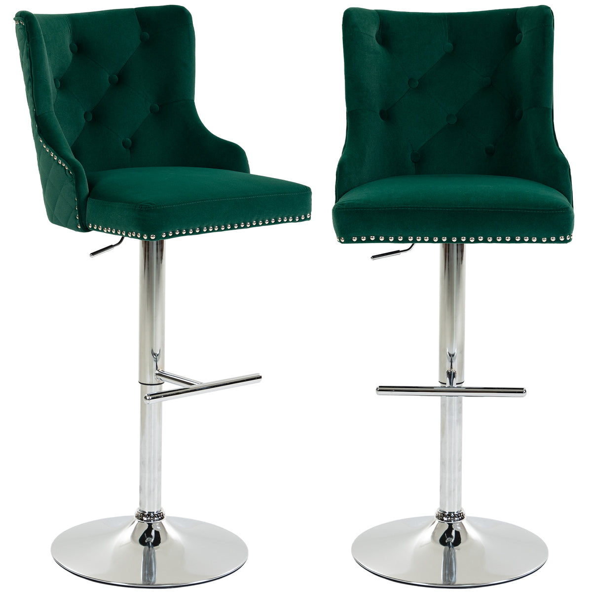 Bar Stools Set of 2, Modern Swivel & Adjustable Velvet Barstools with Button-Tufted Back, Footrest, Nailhead Trim for Home Bar, Green