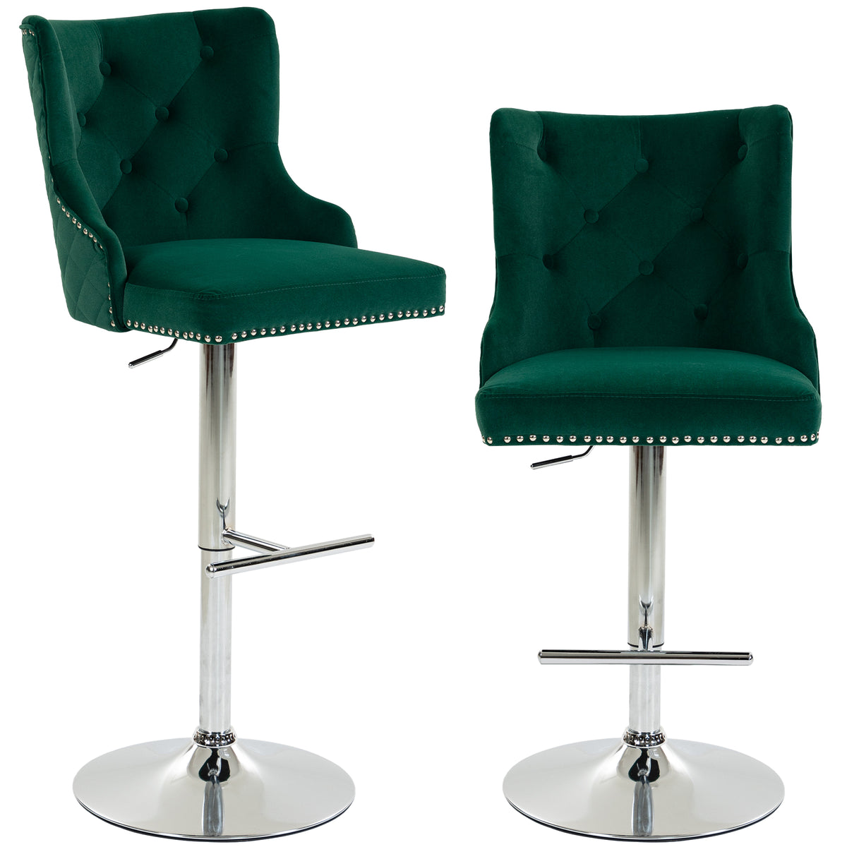 Bar Stools Set of 2, Modern Swivel & Adjustable Velvet Barstools with Button-Tufted Back, Footrest, Nailhead Trim for Home Bar, Green