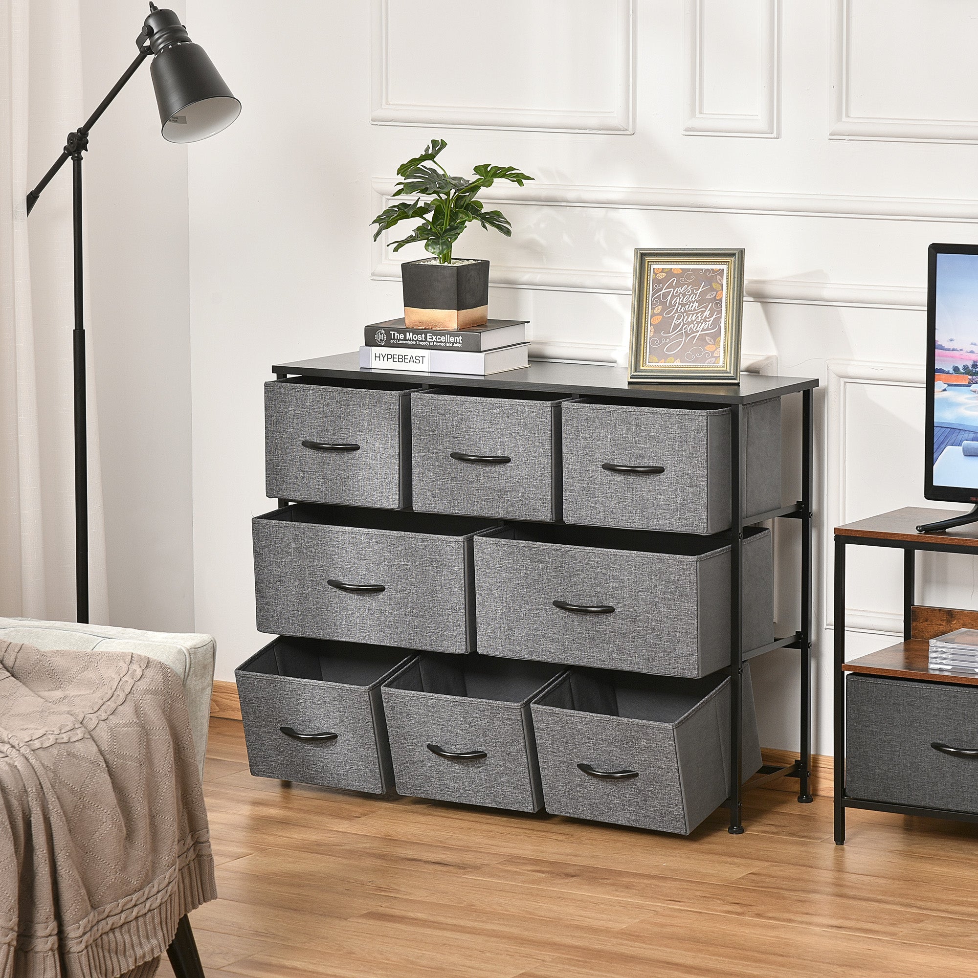 8-Drawer Dresser, 3-Tier Fabric Chest of Drawers, Storage Tower Organizer Unit with Steel Frame for Bedroom, Hallway, Dark Gray