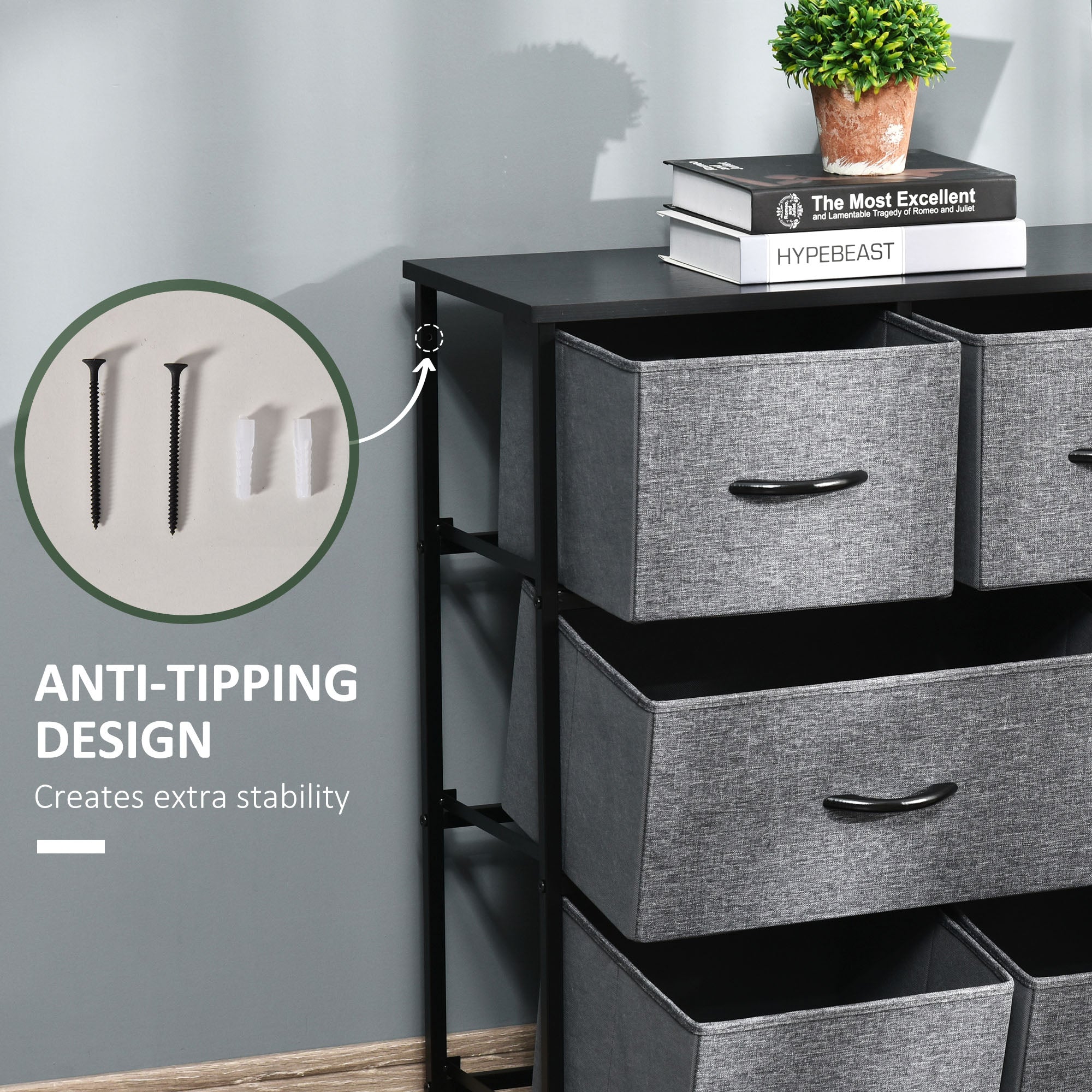 HOMCOM Dresser for Bedroom with 8 Drawers, 3-Tier Fabric Chest of Drawers, Tall Dresser Storage Tower with Steel Frame and Wooden Top for Closets, Nursery Room, Black