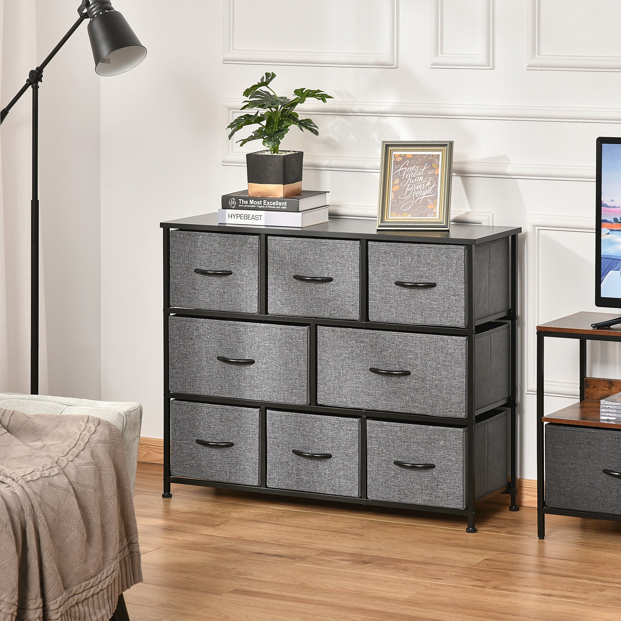 HOMCOM Dresser for Bedroom with 8 Drawers, 3-Tier Fabric Chest of Drawers, Tall Dresser Storage Tower with Steel Frame and Wooden Top for Closets, Nursery Room, Black