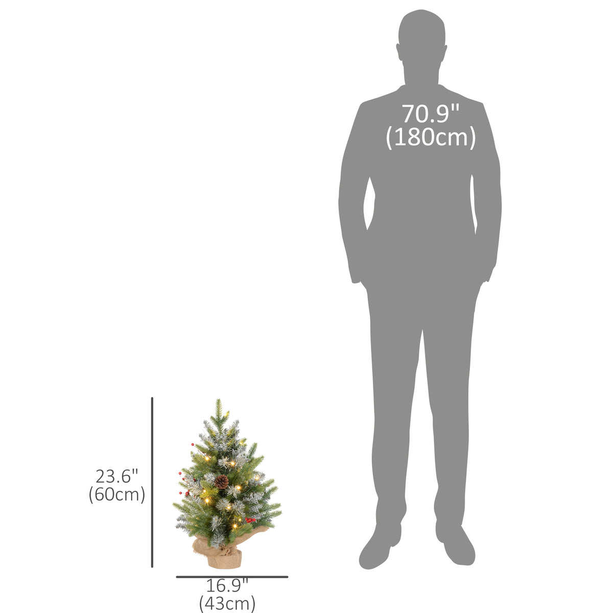 Set of 2 2ft Pre-Lit Artificial Christmas Trees with 20 Warm White Lights and 141 Tips, Burlap Base, Xmas Tree for Home Office Holiday, Green