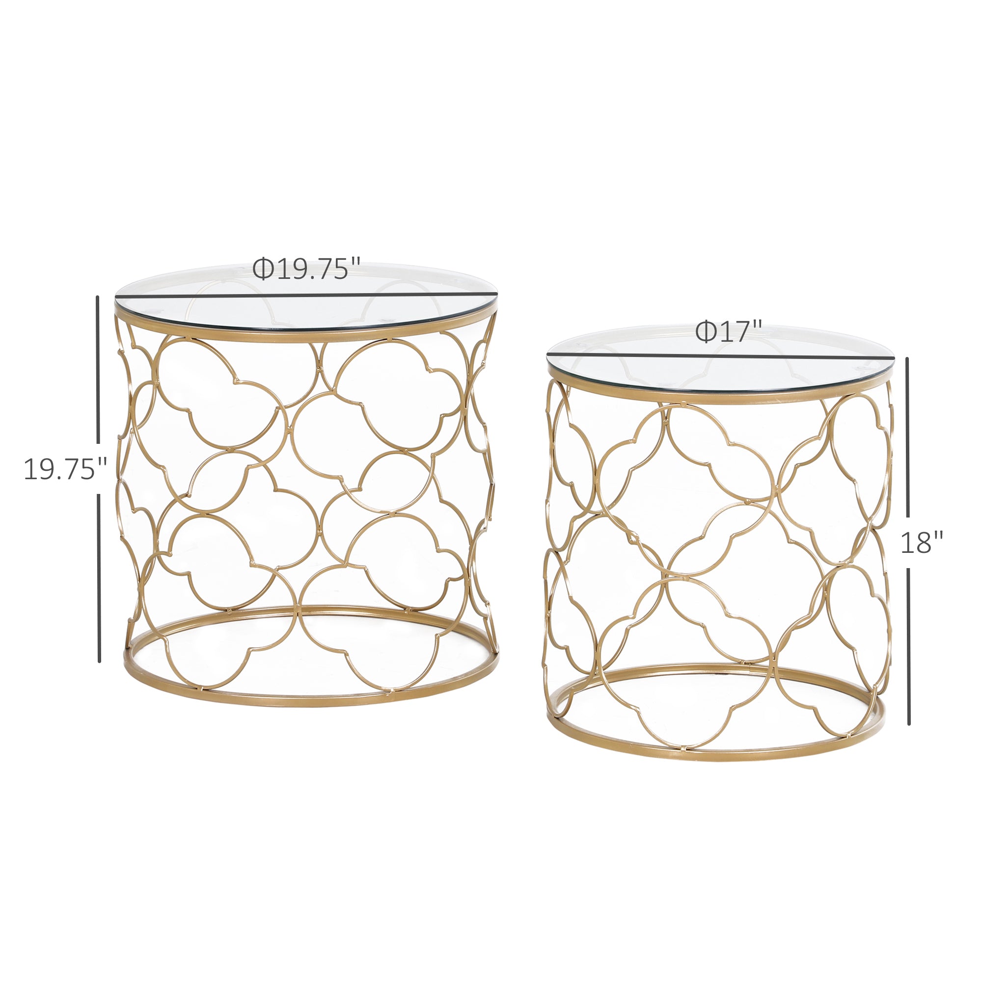 HOMCOM Nesting Tables, Art Deco Coffee Table Set of 2 with Glass Top and Metal Wire, Round Side End Table for Living room, Gold