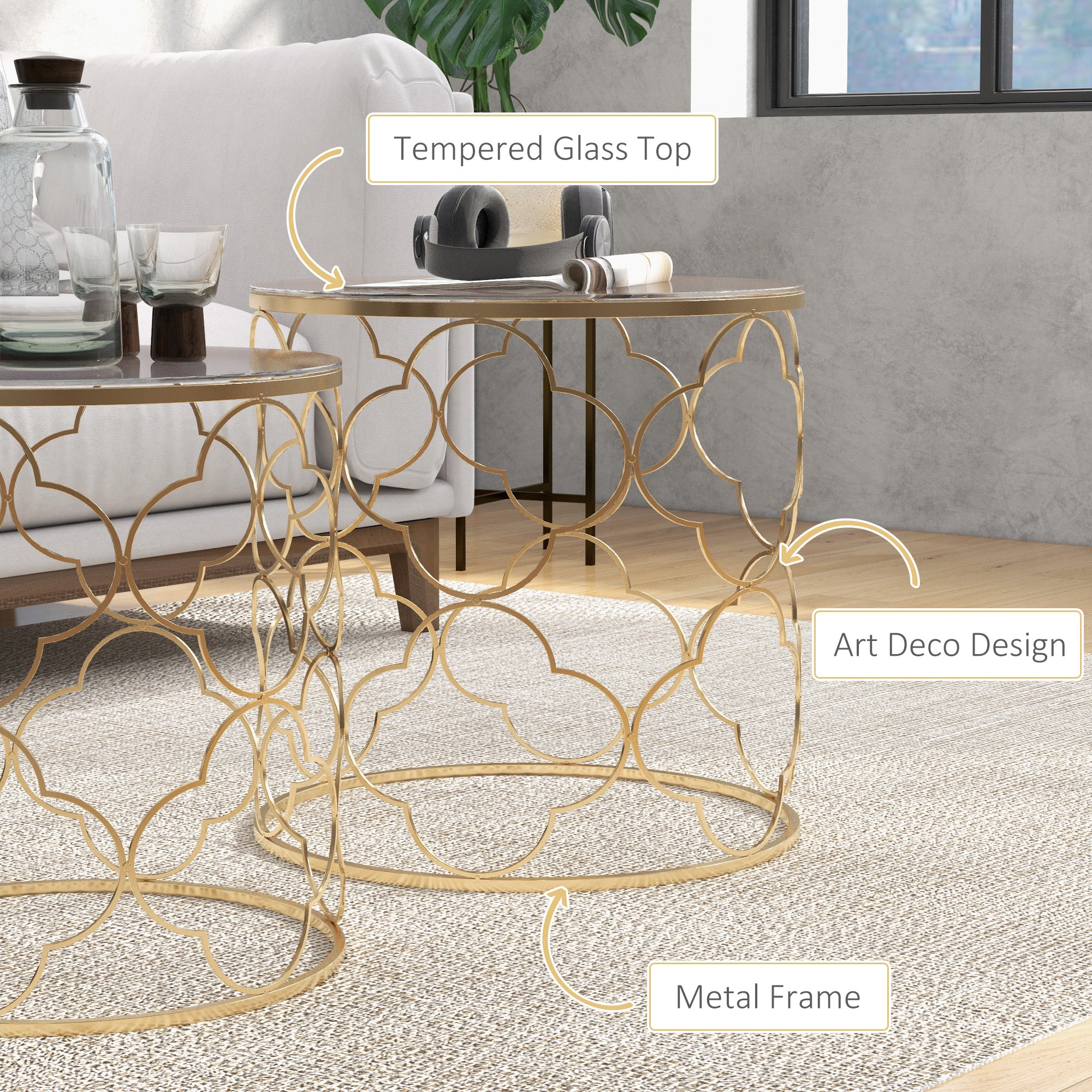 HOMCOM Nesting Tables, Art Deco Coffee Table Set of 2 with Glass Top and Metal Wire, Round Side End Table for Living room, Gold