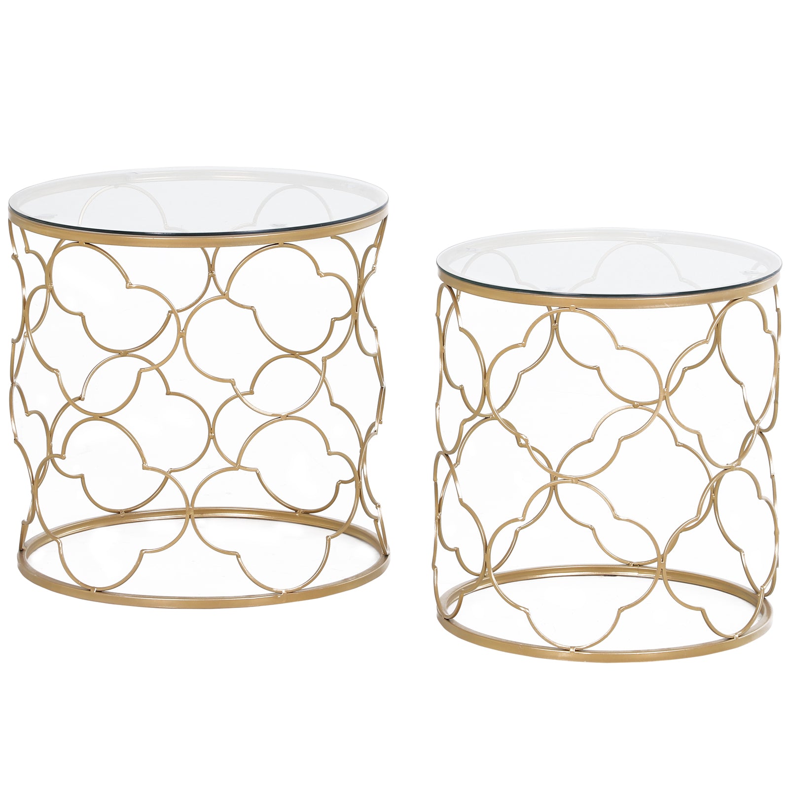 HOMCOM Nesting Tables, Art Deco Coffee Table Set of 2 with Glass Top and Metal Wire, Round Side End Table for Living room, Gold