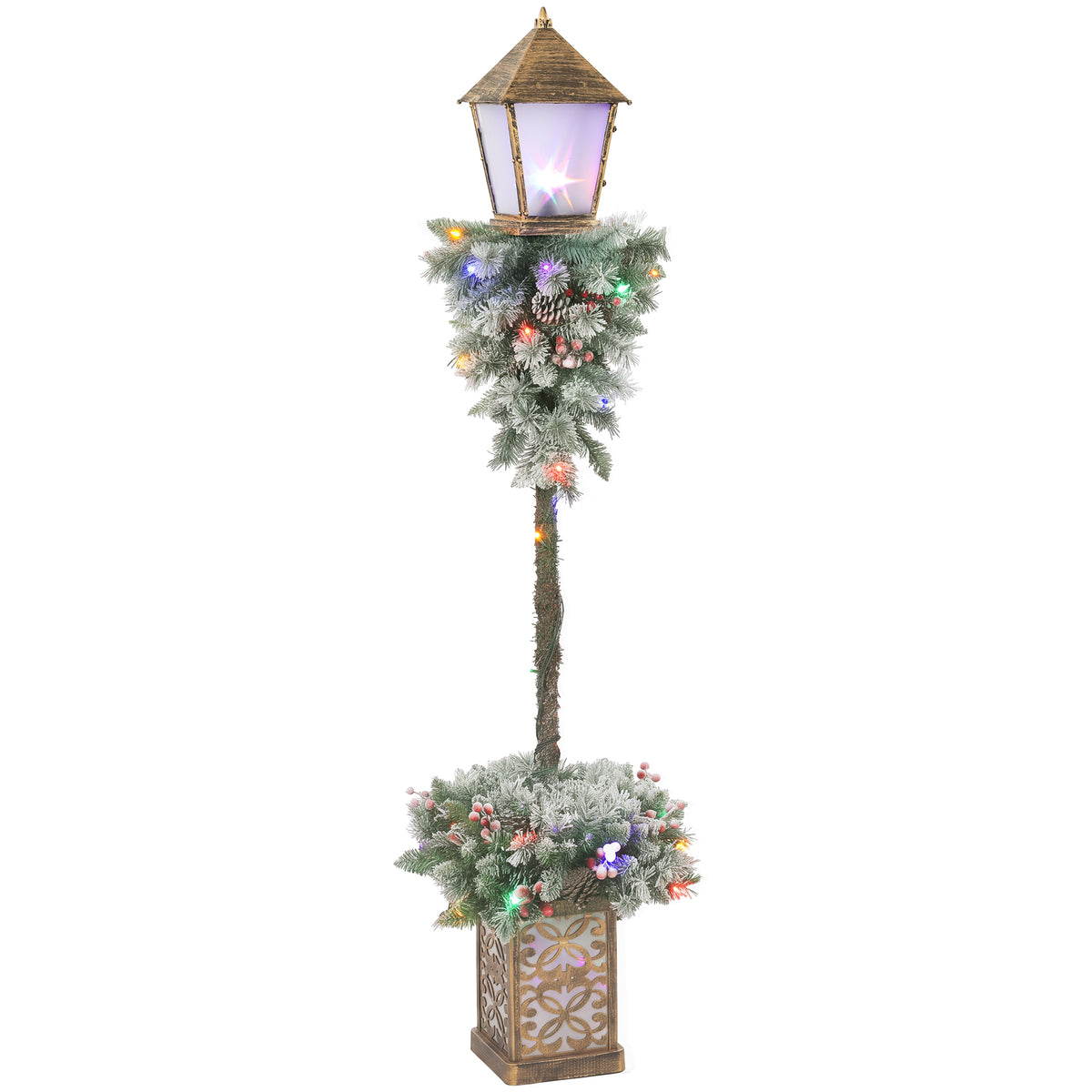 Christmas Street Lamp, Lighted Christmas Lamp Post with 50 LED Lights, 215 Snow Flocked Tips, Red Berries, Pine Cones, IP44 Waterproof, Outdoor Tree Lamp for Home, Doorway and Porch
