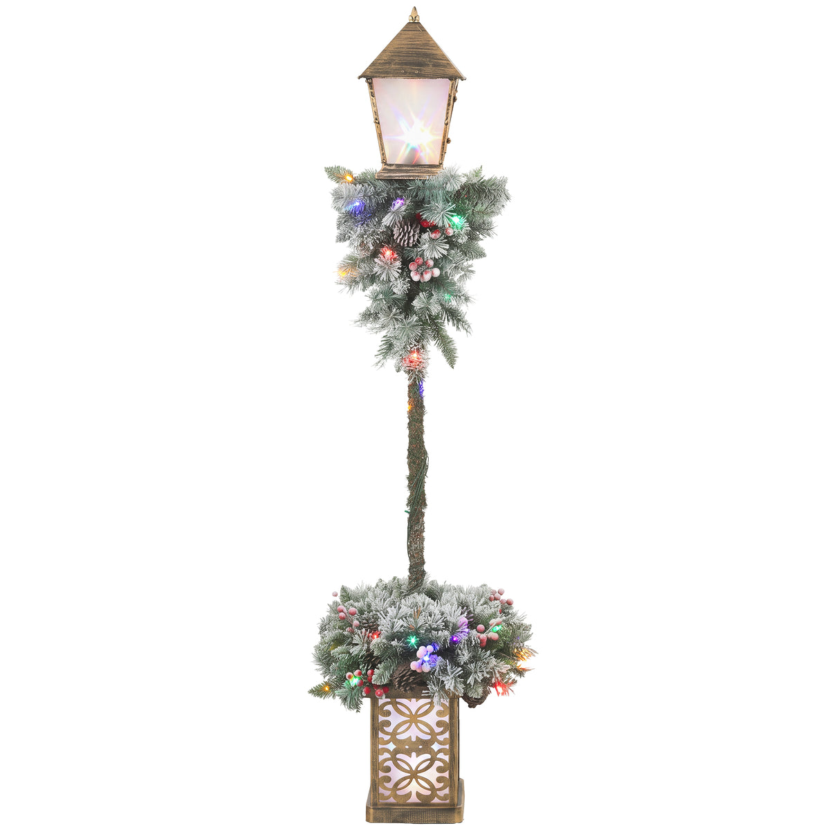 Christmas Street Lamp, Lighted Christmas Lamp Post with 50 LED Lights, 215 Snow Flocked Tips, Red Berries, Pine Cones, IP44 Waterproof, Outdoor Tree Lamp for Home, Doorway and Porch