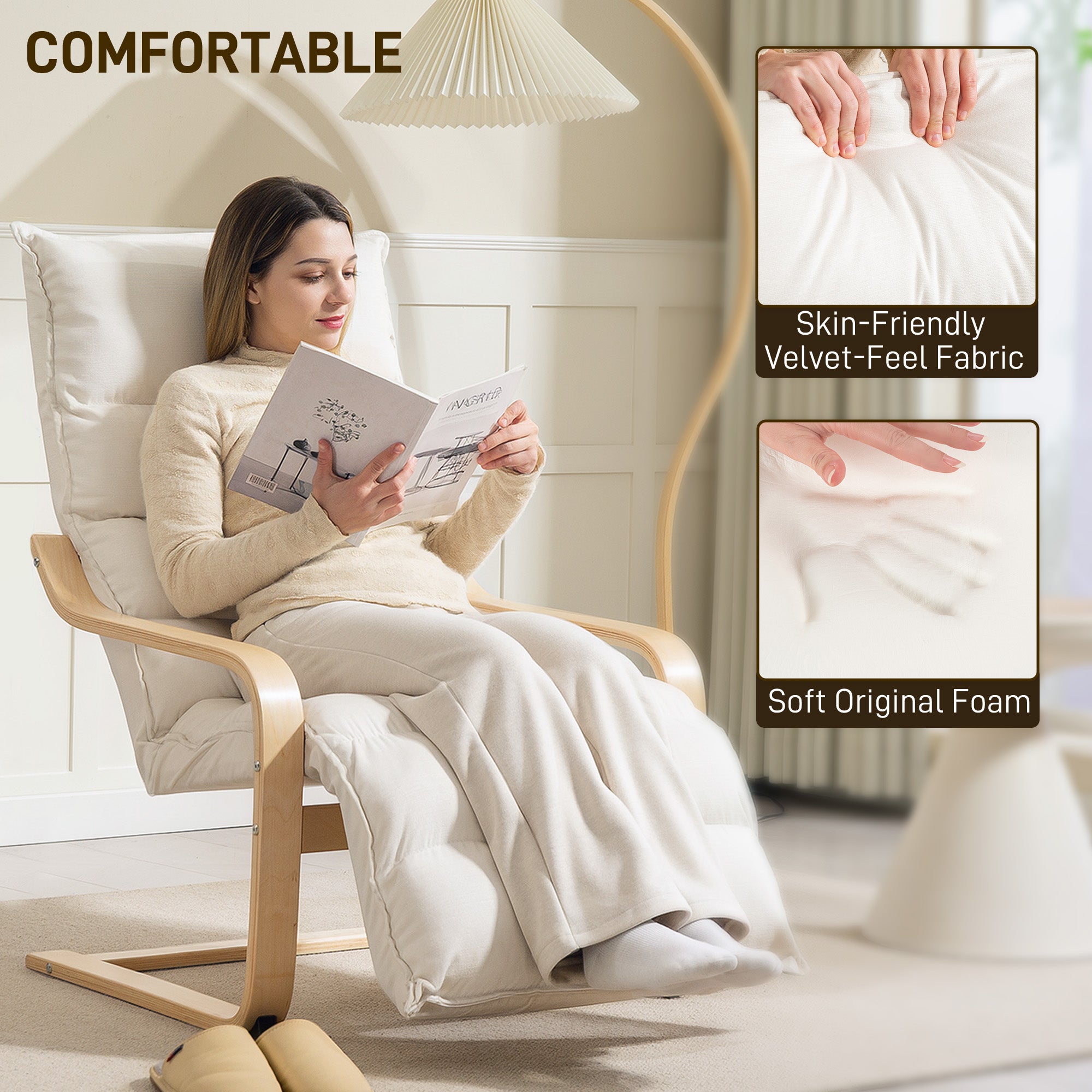 Modern Accent Chair, Velvet Upholstered Living Room Chair with Footrest, Wood Frame, Comfy Armchair for Bedroom, Balcony, Cream White