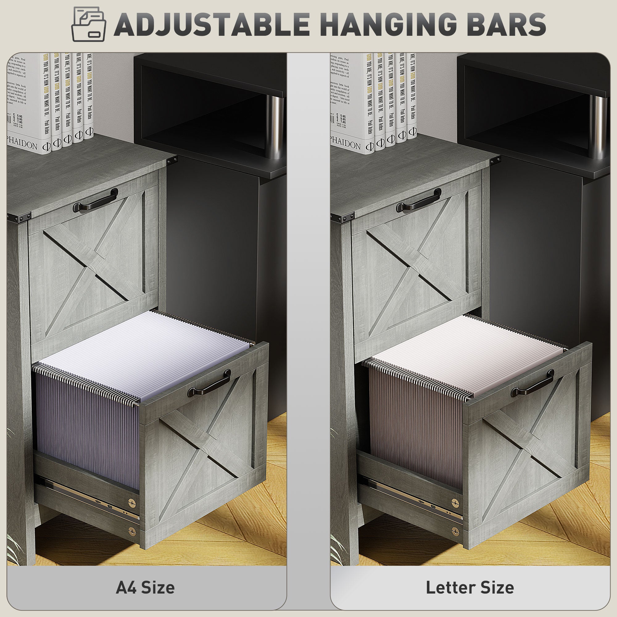 2 Drawer Vertical File Cabinet with Silent Slides, Rustic Farmhouse Filing Cabinet with Barn Doors for A4/Letter Size, Printer Stand with Storage for Home Office, Distressed Light Gray