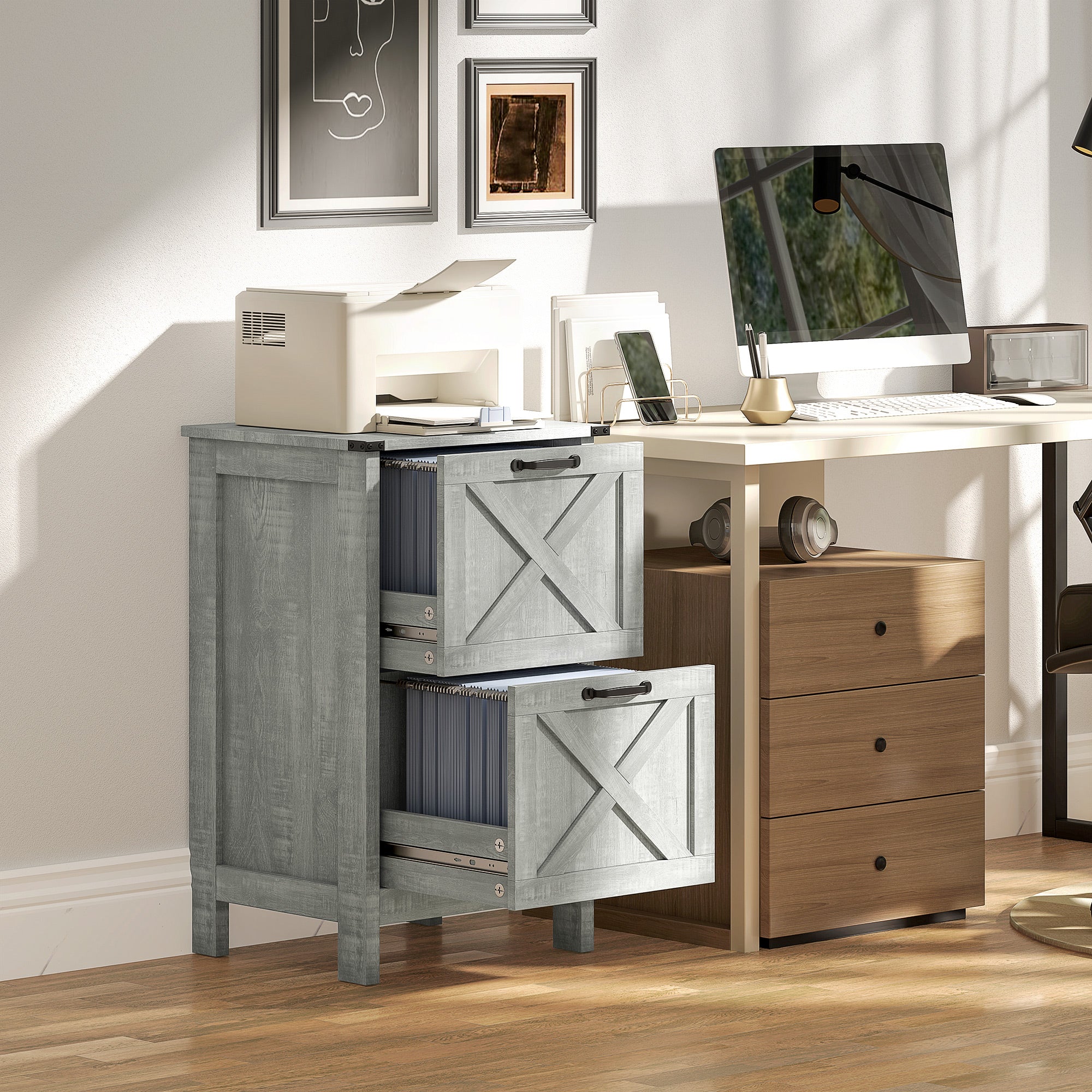 2 Drawer Vertical File Cabinet with Silent Slides, Rustic Farmhouse Filing Cabinet with Barn Doors for A4/Letter Size, Printer Stand with Storage for Home Office, Distressed Light Gray