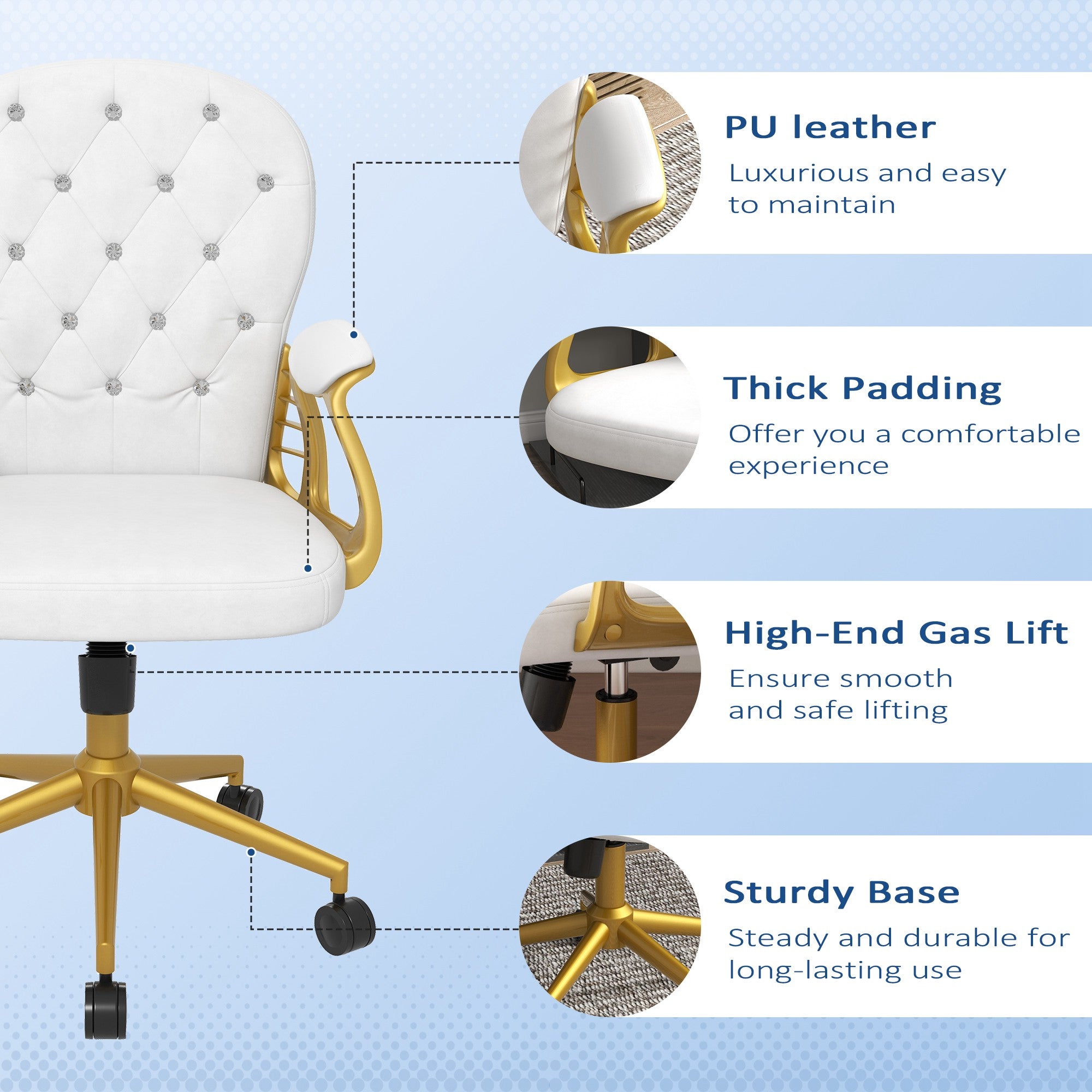 Vinsetto Velvet Vanity Office Chair, Button Tufted Swivel Chair with Adjustable Height, Padded Armrests and Tilt Function, Gold and White