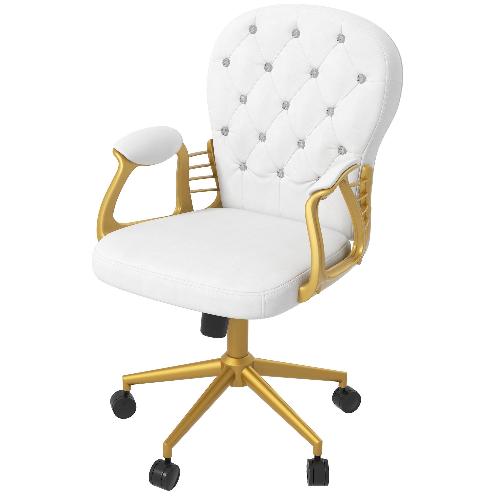 Vinsetto Velvet Vanity Office Chair, Button Tufted Swivel Chair with Adjustable Height, Padded Armrests and Tilt Function, Gold and White