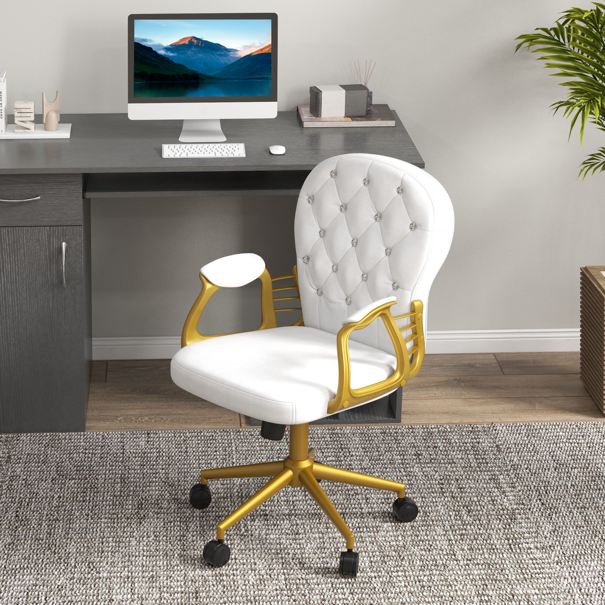 Vinsetto Velvet Vanity Office Chair, Button Tufted Swivel Chair with Adjustable Height, Padded Armrests and Tilt Function, Gold and White