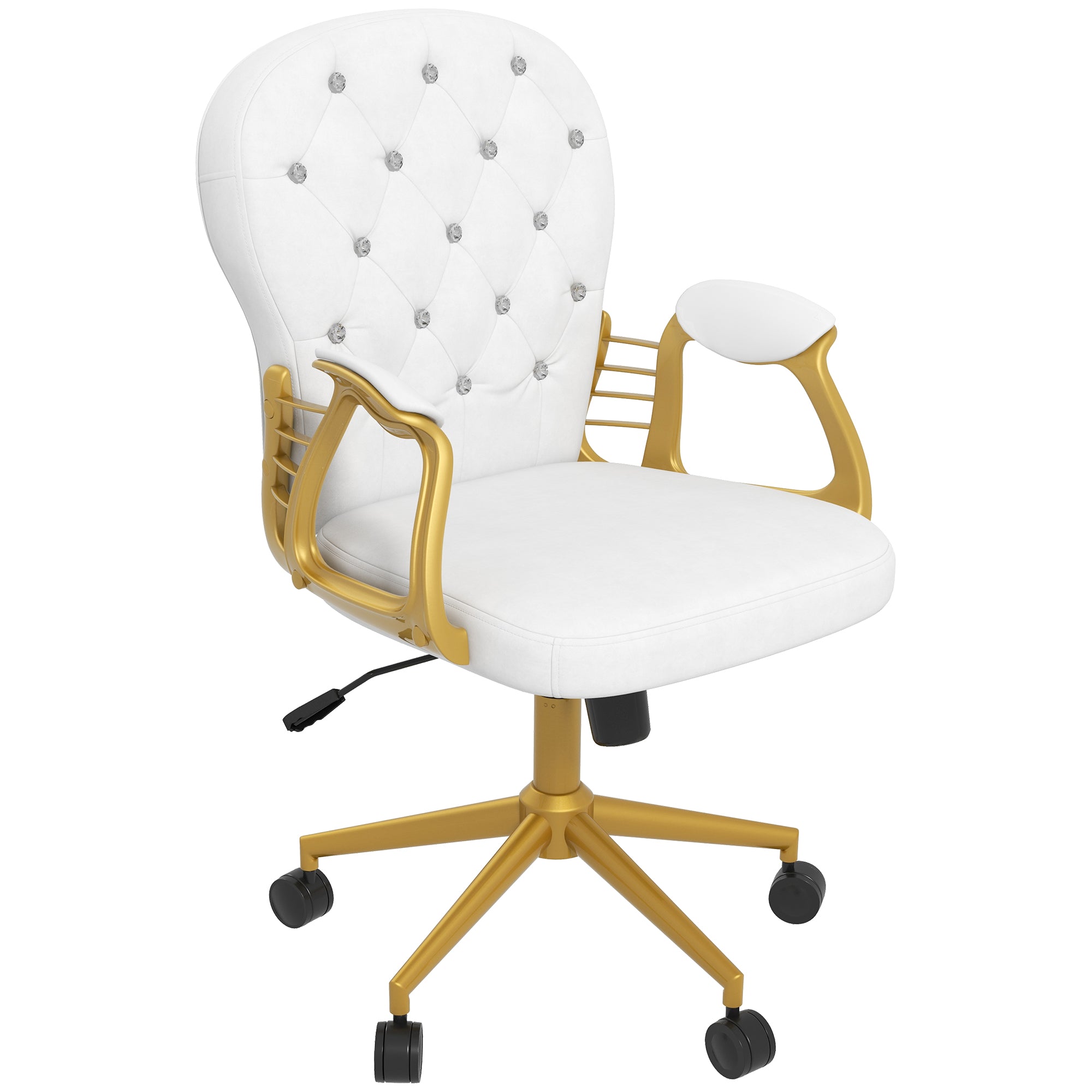 Vinsetto Velvet Vanity Office Chair, Button Tufted Swivel Chair with Adjustable Height, Padded Armrests and Tilt Function, Gold and White