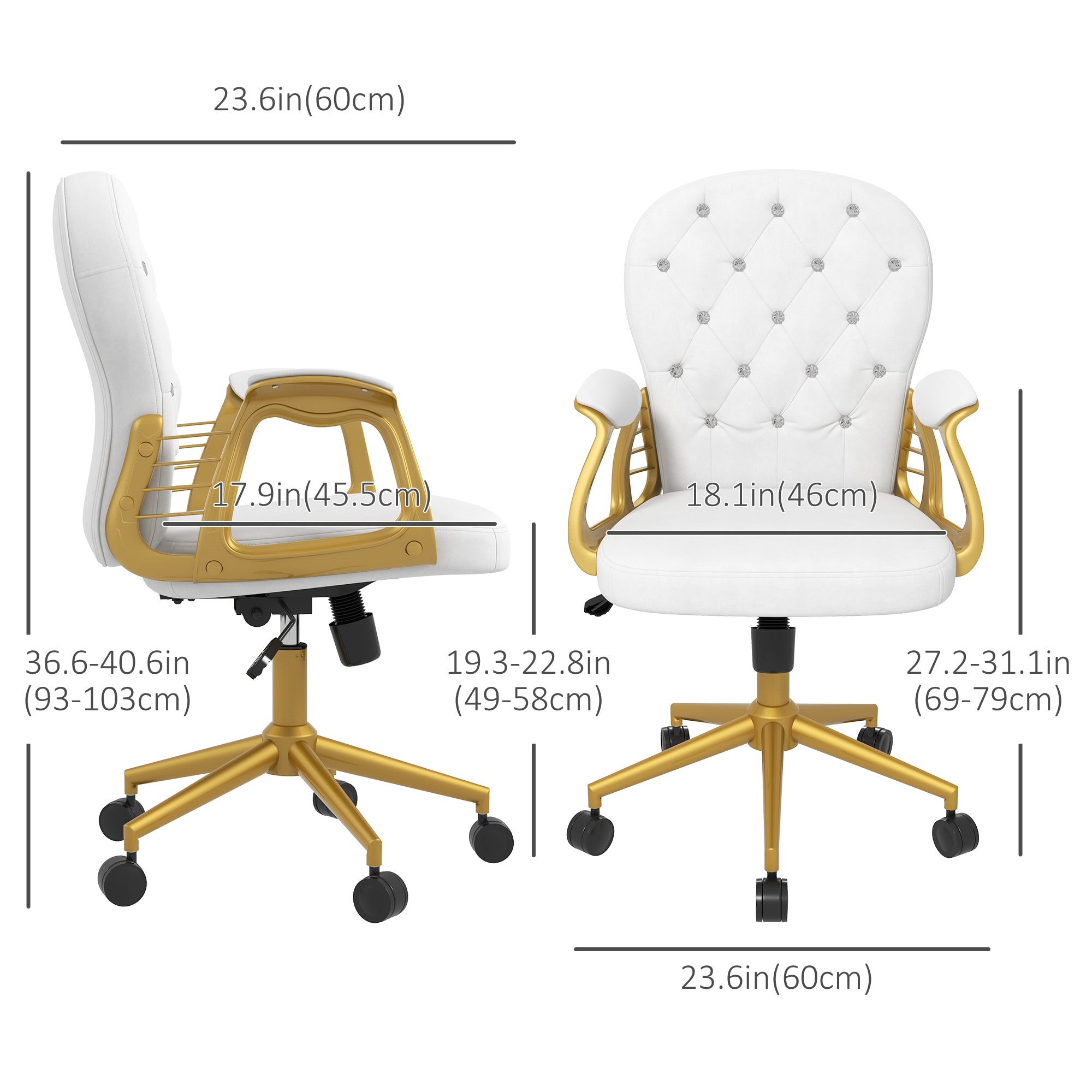 Vinsetto Velvet Vanity Office Chair, Button Tufted Swivel Chair with Adjustable Height, Padded Armrests and Tilt Function, Gold and White