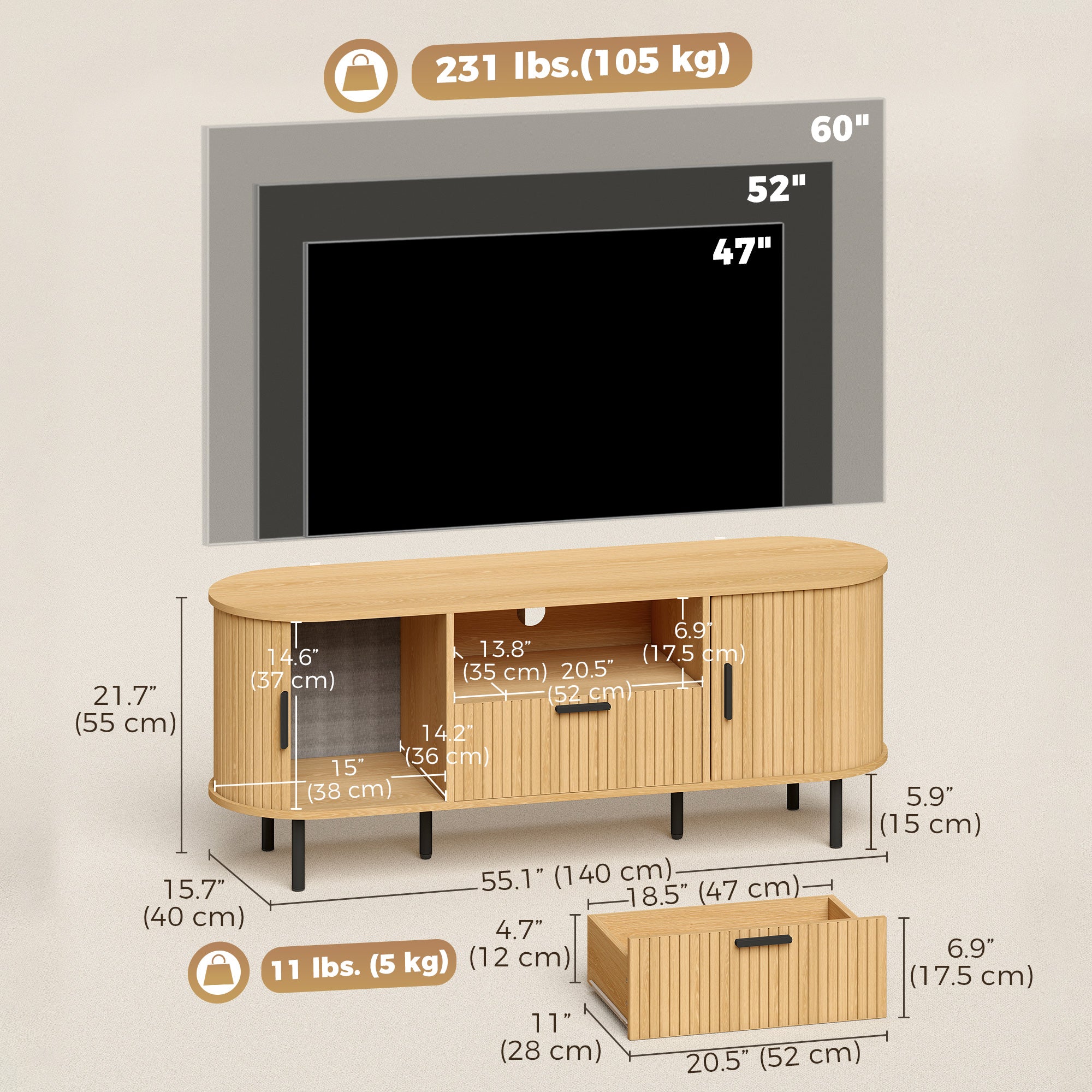 TV Stand for TVs up to 60", Modern Entertainment Center with Curved Sliding Doors, Media Console with Drawer, Cabinet and Shelf, Natural Wood