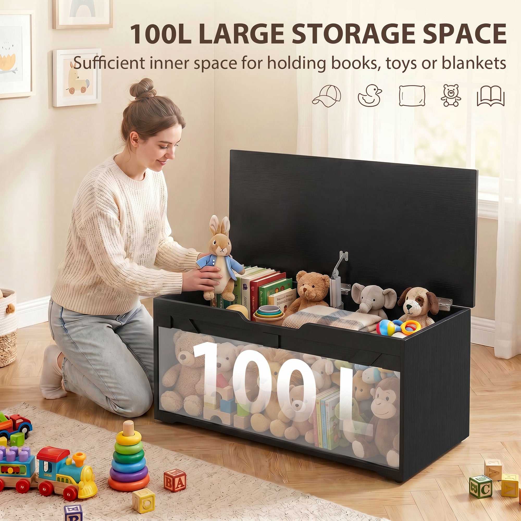 100L Storage Chest, Shoe Storage Trunk Bench Box with Safety Hinge and U-shaped Cut-out Pull, Blanket Box Ottoman for Bedroom, Living Room, Entryway, 80 x 40 x 45 cm, Black Wood-Effect